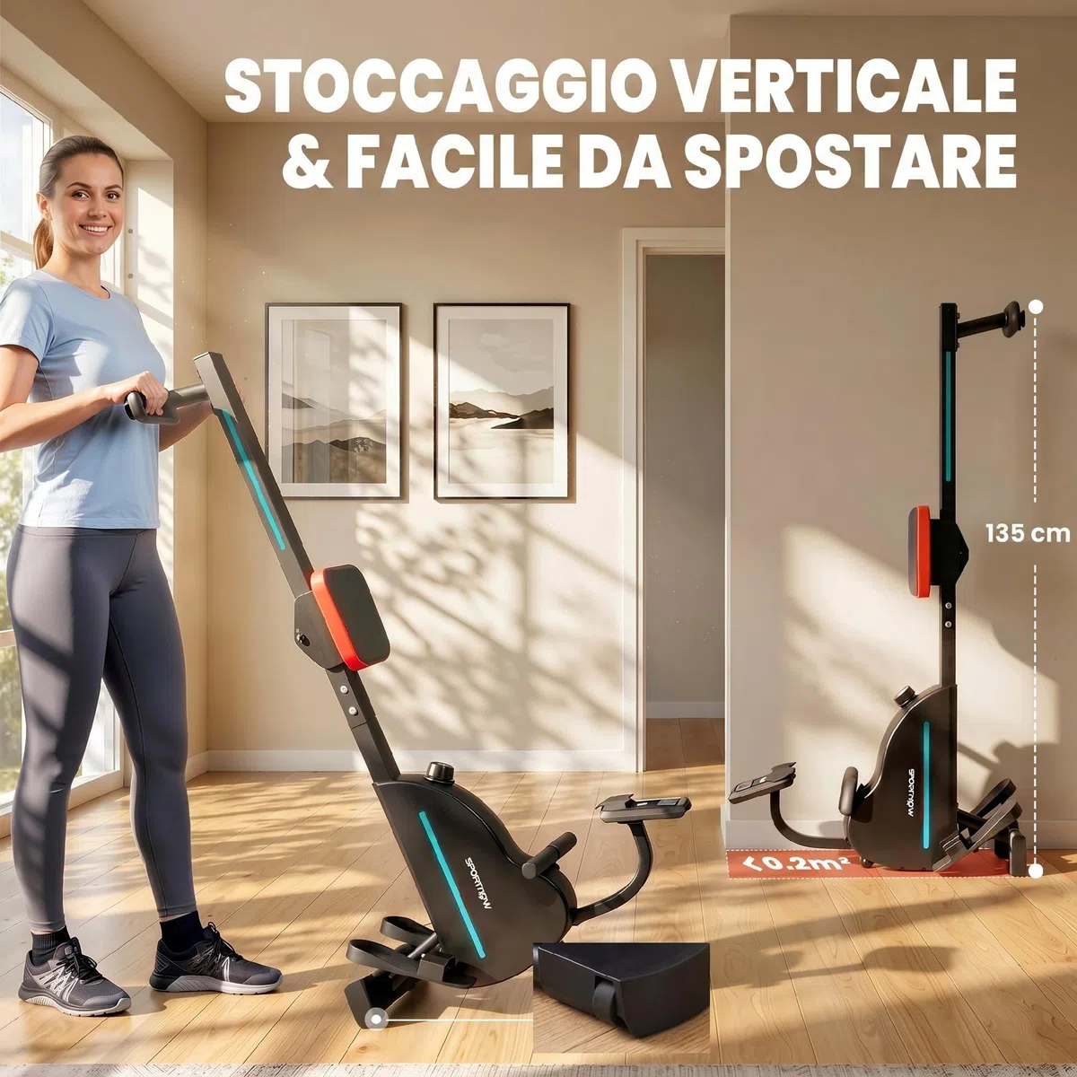 SPORTNOW Vogatore per Casa, Vogatore Magnetico Silenzioso, 16 Livelli Resistenza, APP Bluetooth, Display LCD, Portatelefono, Ruote, Stoccaggio Verticale Salvaspazio, Max 130kg, Fitness Casa Palestra
