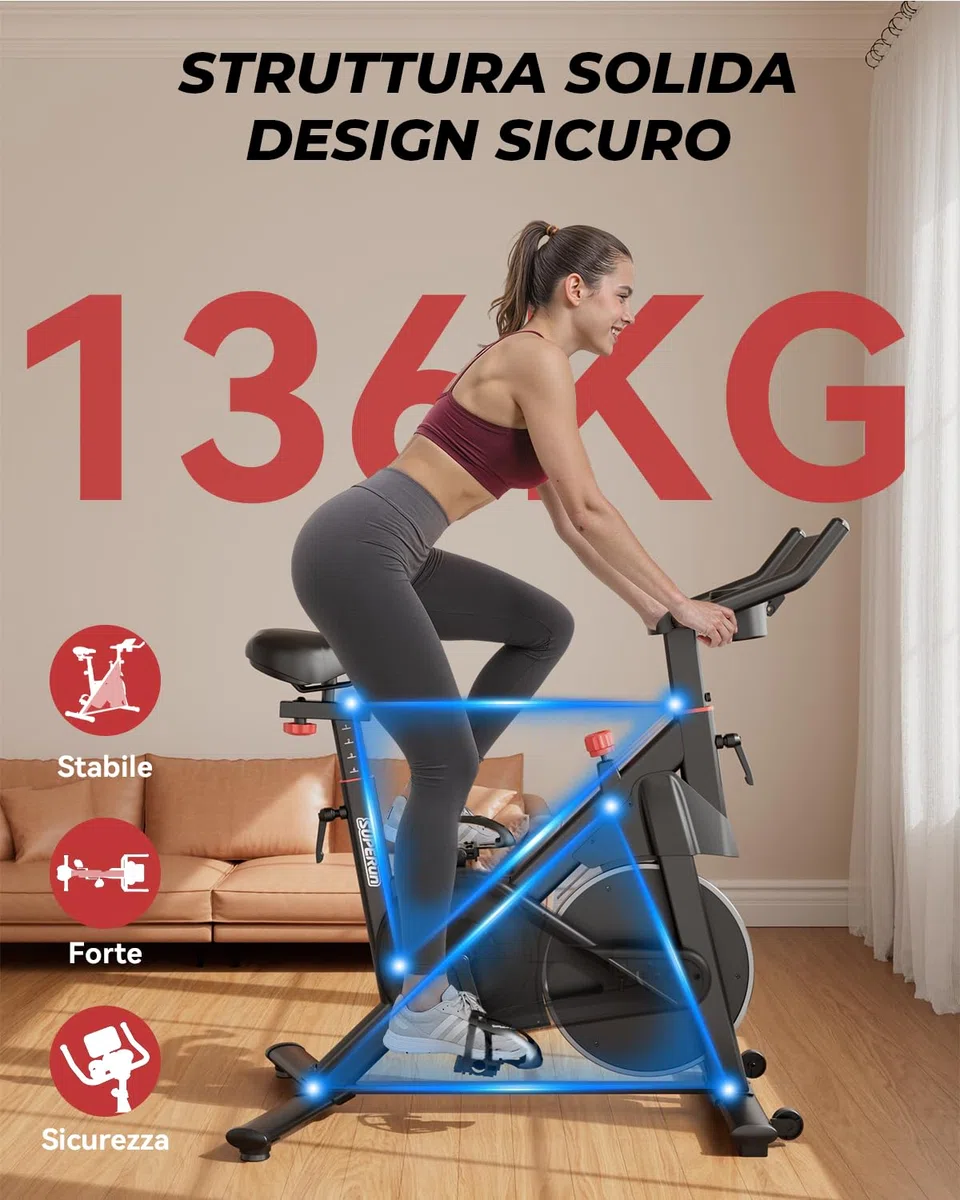 Superun Cyclette da Casa Magnetica a 32 Livelli, Cyclette per Casa Controllo APP, Cycletta Spinning Ultra Silenziosa, Spin Bike Sedili Comodi e Traspiranti, Aerobico Domestico, Supporto fino a 136KG