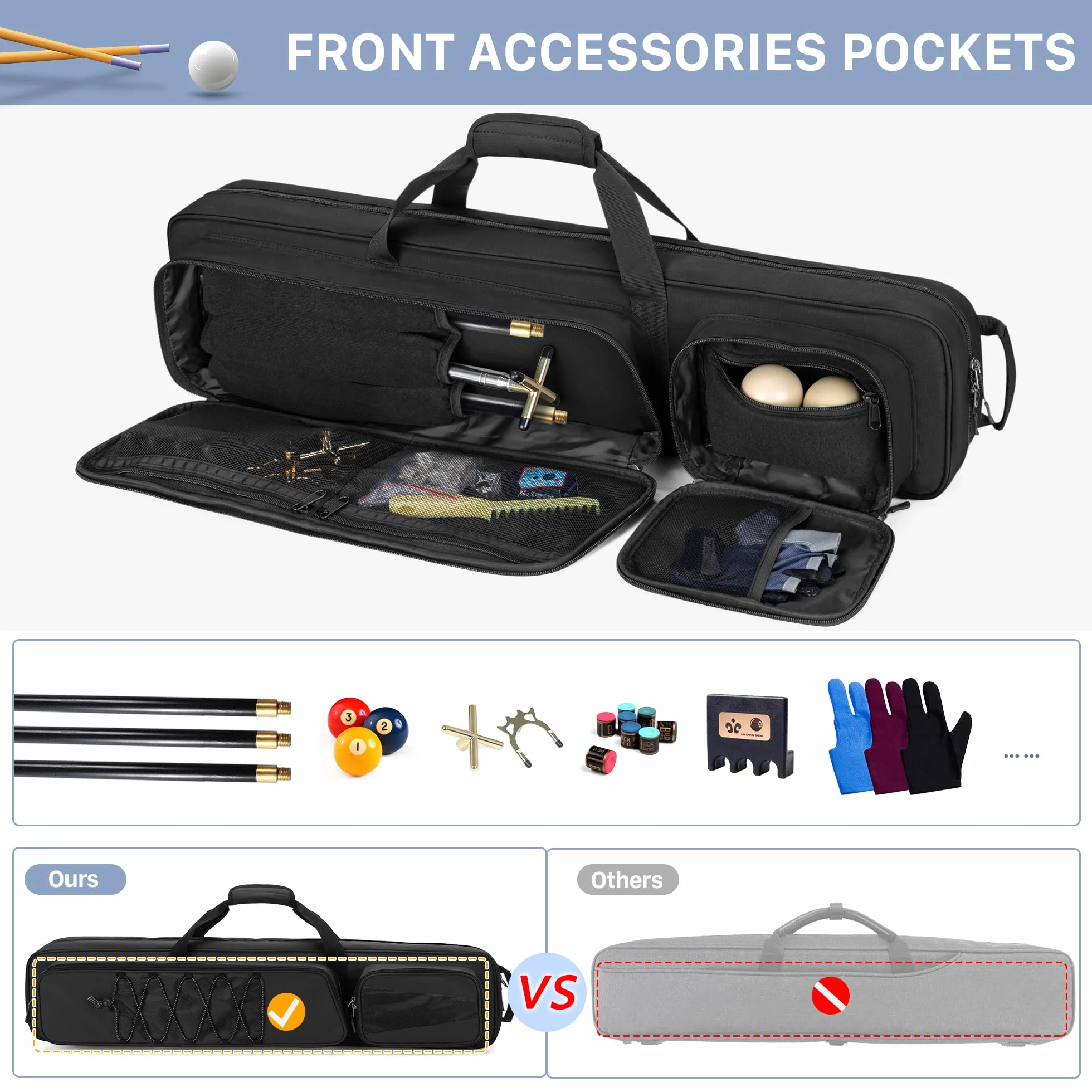 GOBUROS 4x5 Valigetta per stecca da biliardo, per 4 pistoni e 6 steli, custodia morbida con grande tasca per accessori anteriore e tracolla, Nero