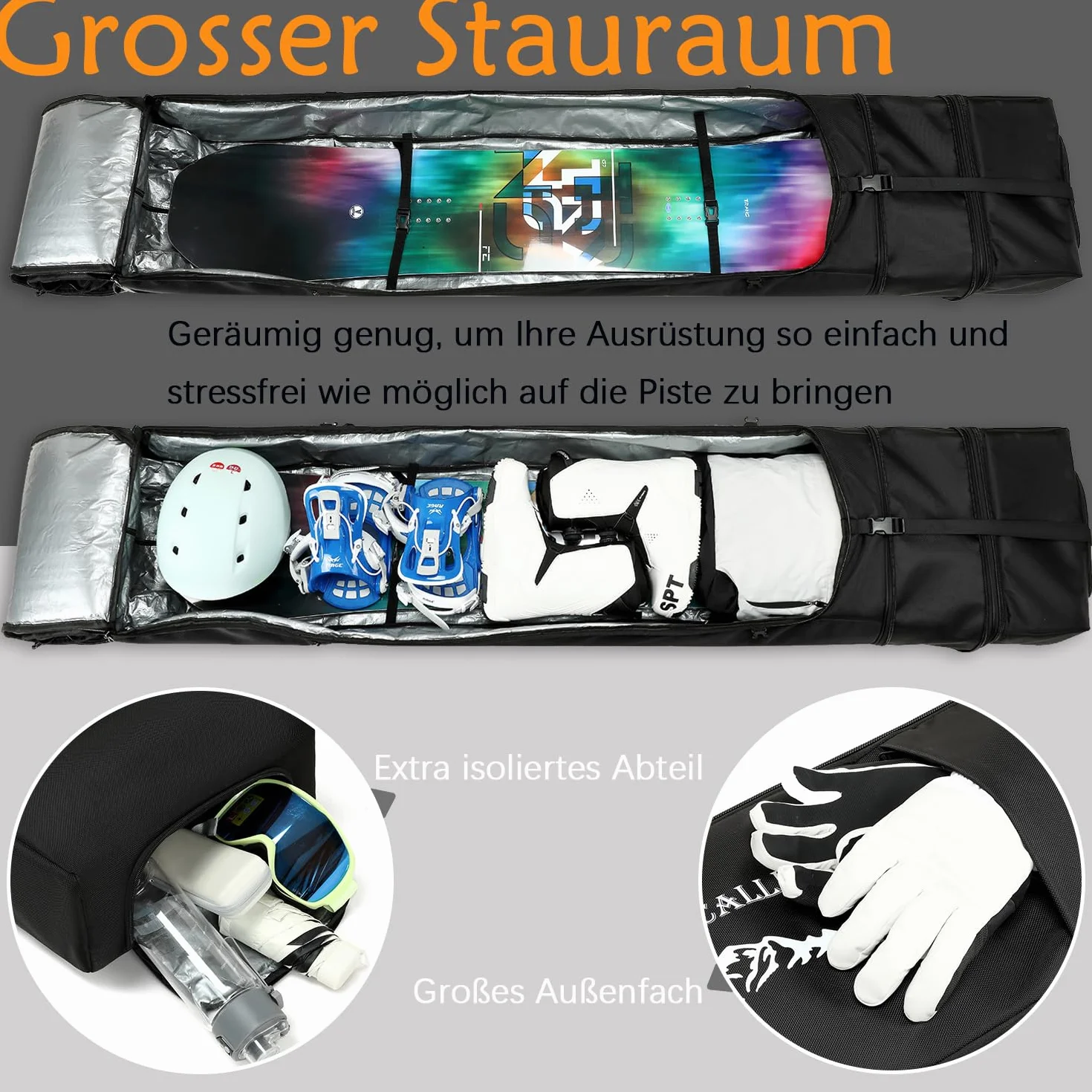 Borsa da Snowboard con Ruote Borsa da Sci da Viaggio imbottita Regolabile per Snowboard da 175 cm Scarponi da Sci e Attrezzatura
