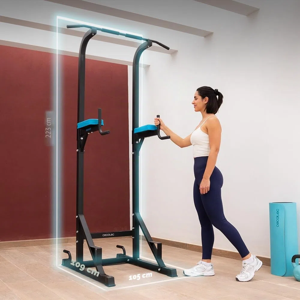 Cecotec Sbarra Trazioni per Dips Drumfit Pullups 4000. Torre Multistazione di Muscolazione, Rack di Dominate e Sfondi Imbottito con Impugnature Antiscivolo, Altezza Regolabile, Peso Massimo 150 Kg