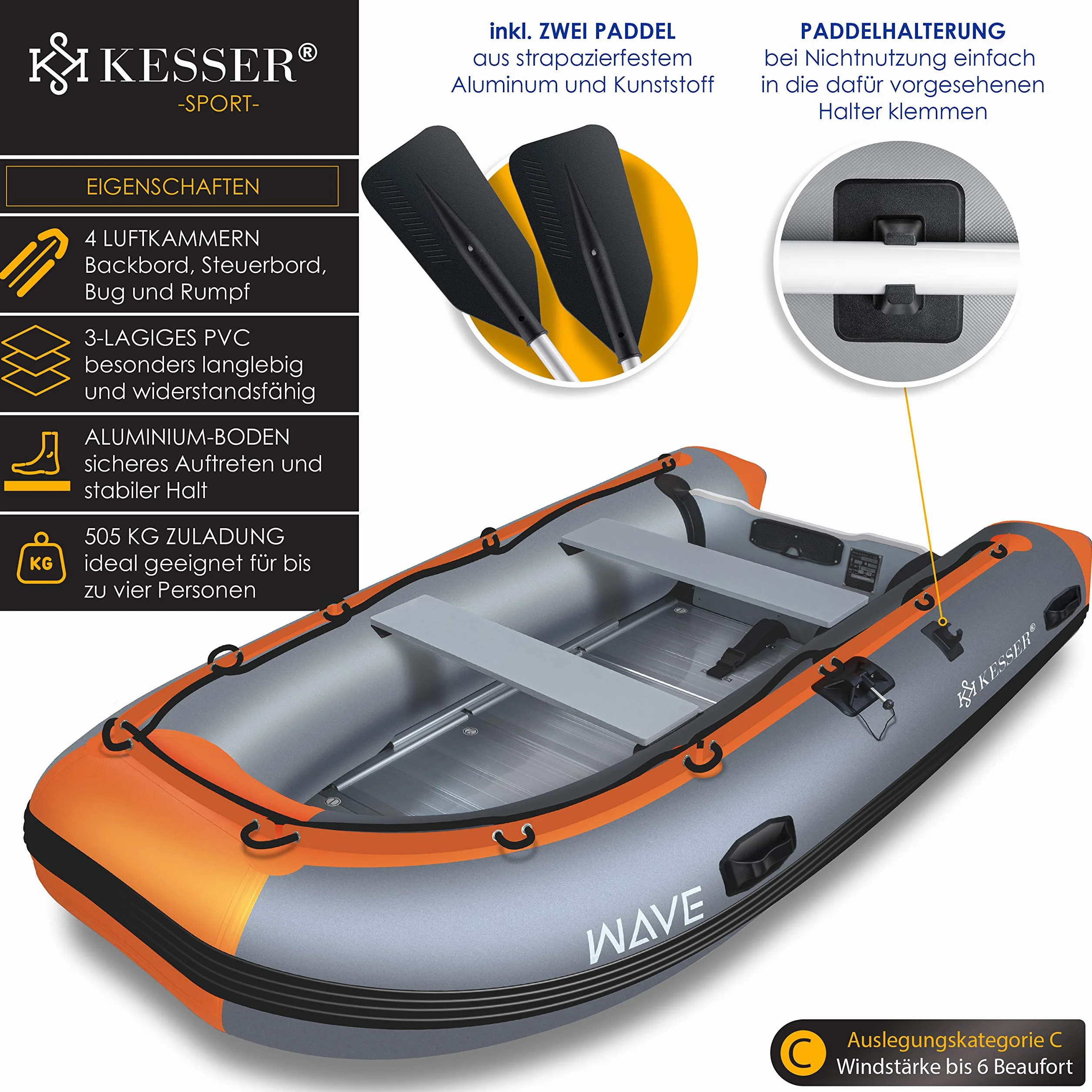 KESSER® Gommone di 3,20 m per 4 Persone - Compatibile con Motore Wave Imbarcazione da diporto Barca a Remi, da Pesca - con 2 panche - Fondo in Alluminio Remi Pompa
