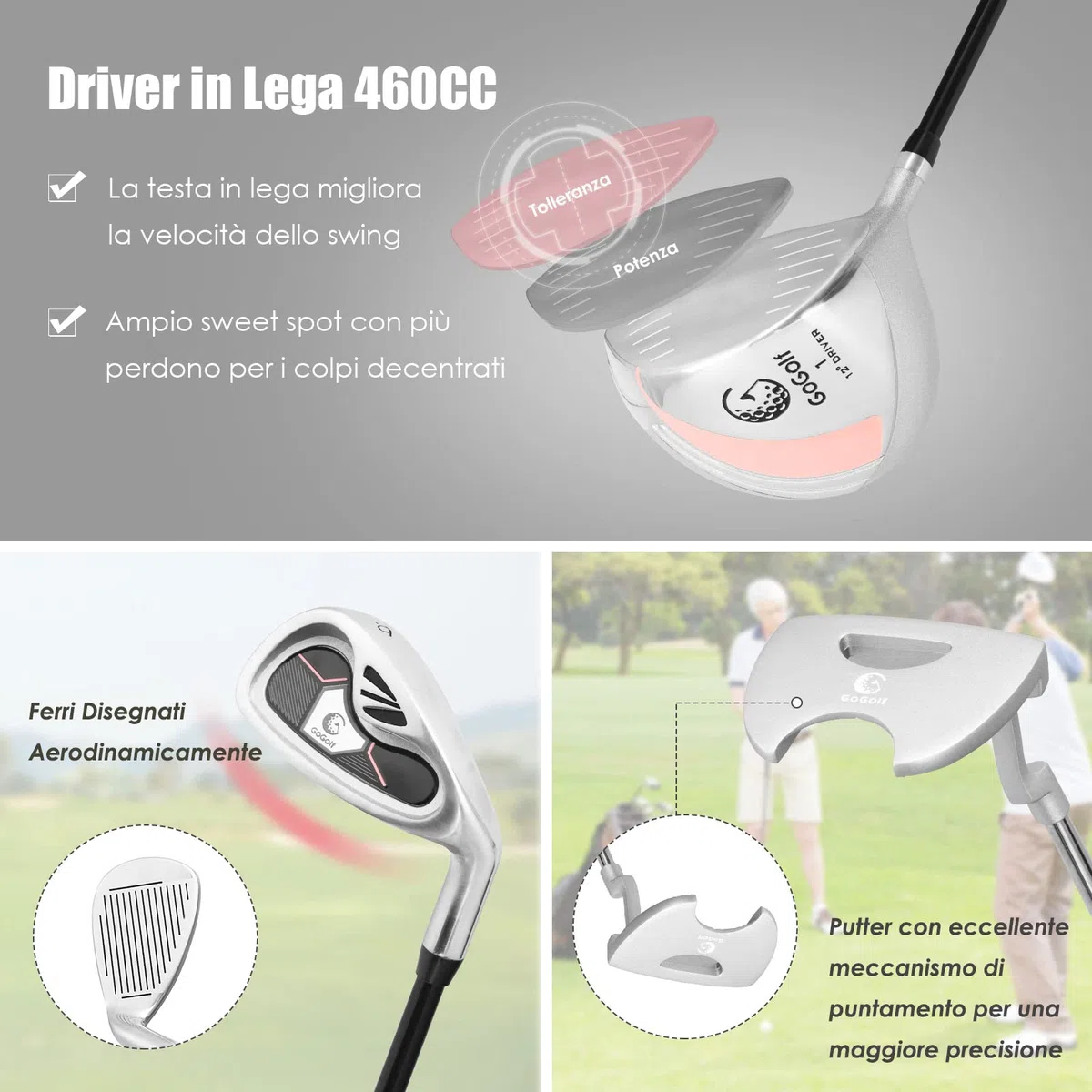 COSTWAY Set di Mazze da Golf per Donne, Include Driver in Lega di Alluminio, Legno da Fairway 3, Ibrido 4, Ferri 6, 7, 8 e 9, Putter, Sacca da Golf con Cinghie, Rosa, 24 x 24 x 115,5 cm