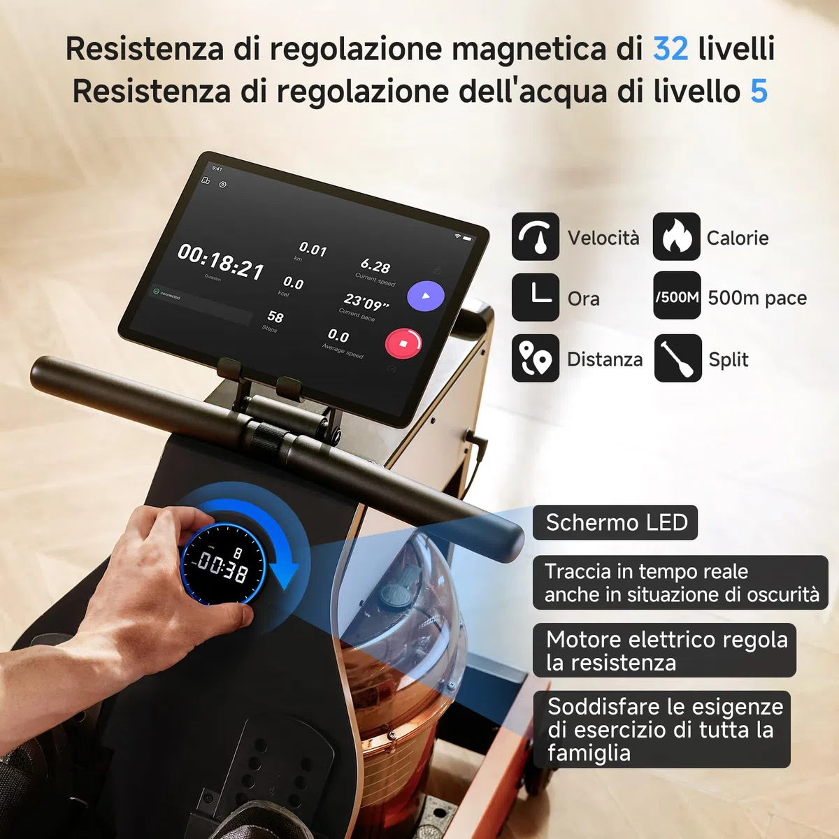 Vogatore Pieghevole per Casa, doppia Resistenza all'acqua e Resistenza Magnetica Macchina a Remi Vogator per Casa Fitness Allenamento