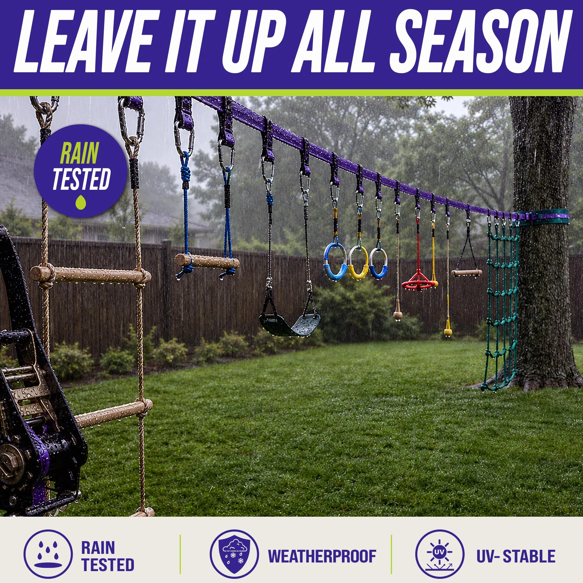 Trailblaze Ninja Line Hanging Obstacle Course for Kids - 40' Set for Backyard American Ninja Warrior Obstacles - Slackline Monkey Bars Kit + Tree Protectors - Carry Bag Included