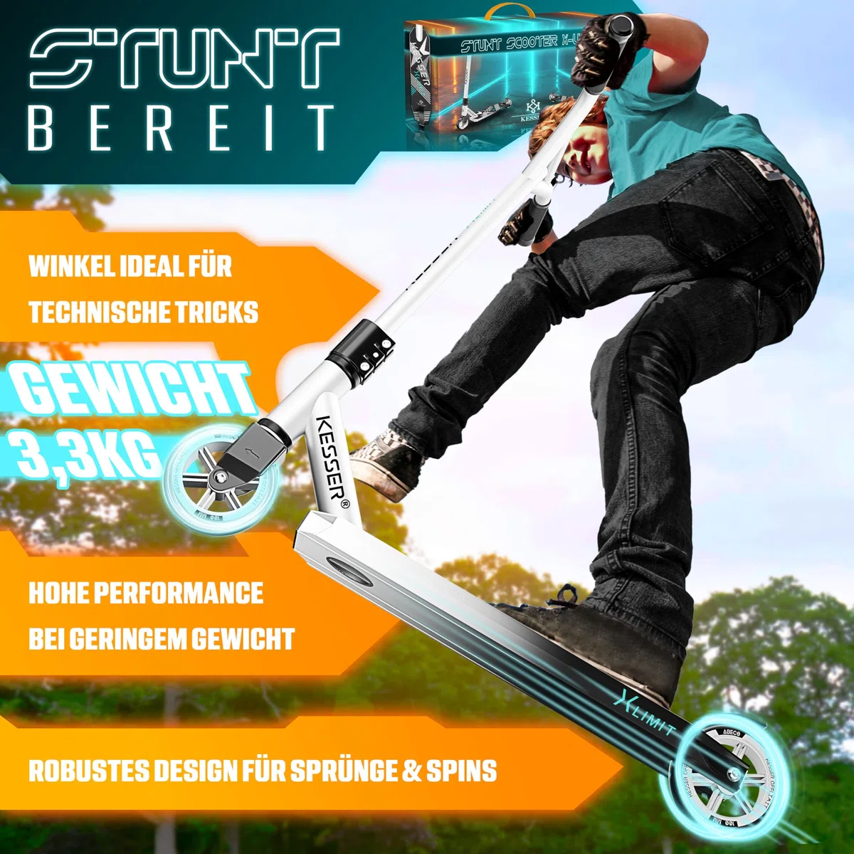 KESSER® Monopattino divertente Monopattino acrobatico X-Limit - Sterzo a 360° con ABEC 9 cuscinetti a sfera ruote in PU da 100 mm Monopattino robusto, Monopattino per bambini adulti