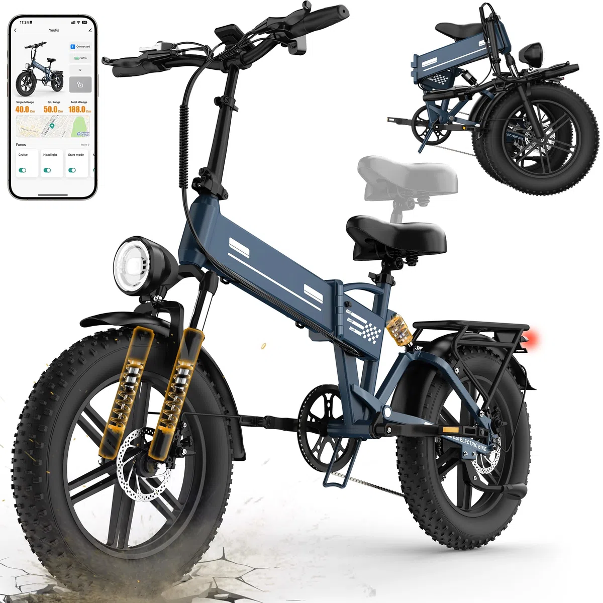 EGGKING Bicicletta Elettrica a Pedalata Assistita 20" x 4.0 Fat Tire, Doppia Sospensione, 7 Velocità, Batteria Rimovibile 48V, Display LCD