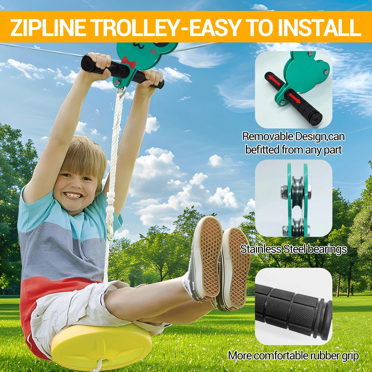 Slackline Zipline 24 m 80 piedi per bambini e adulti, gioco di avventura nel cortile, facile installazione, fino a 150 kg, resistente, cavo di sicurezza e freno a molla, giocattoli,Leone arancione