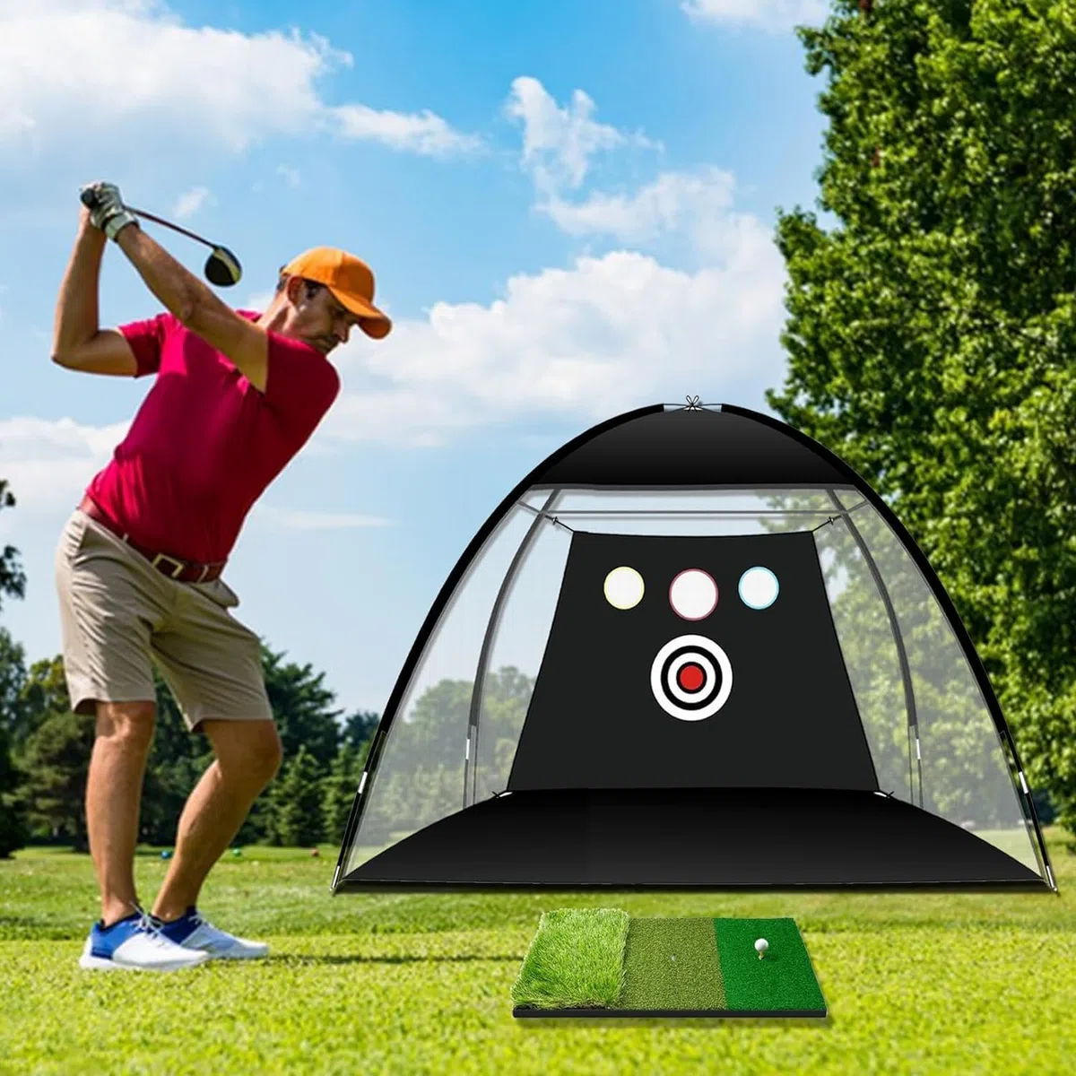 Rete da golf, 3 x 2,1 x 1,8 m, con tappetino per il cortile, per interni ed esterni, chipping Driving, e reti di guida per interni ed esterni, uso in garage, allenamento di oscillazione del golf
