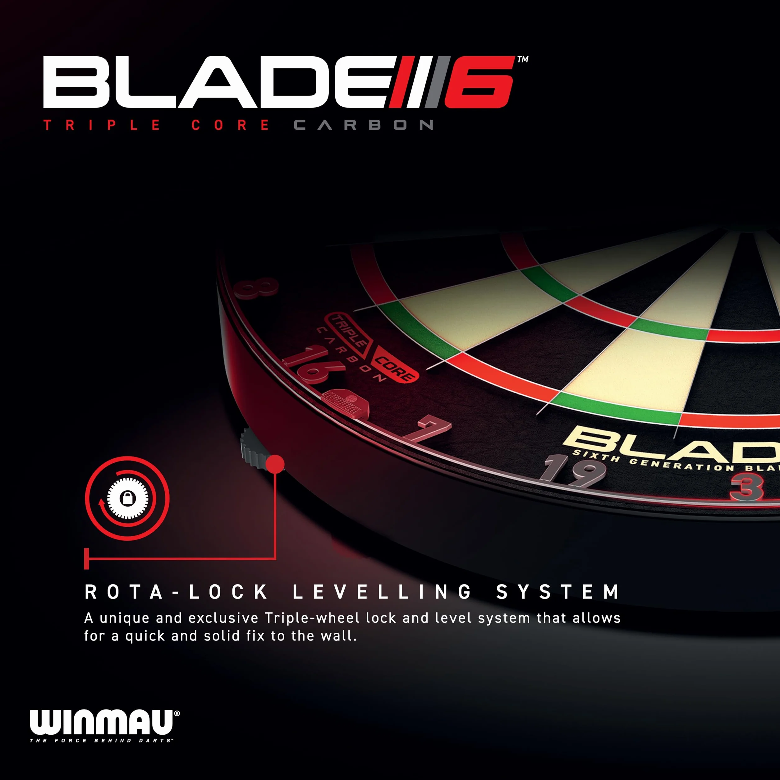 WINMAU Set di freccette Triple Core – Bersaglio professionale Winmau con bordo PDC, 2 set di freccette in acciaio, sistema Rota-Lock, bersaglio con sisal, ideale per tornei e allenamenti.