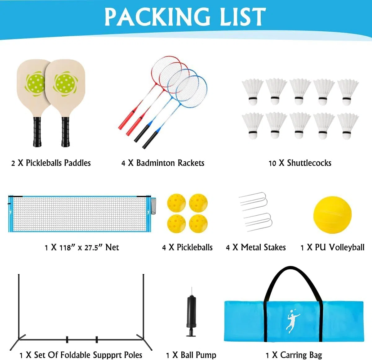 Rete Multisport Regolabile per Badminton, Pallavolo, Pickleball e Tennis | Set Portatile con Paddle e Racchette, 5 Punti di Ancoraggio Indoor/Outdoor
