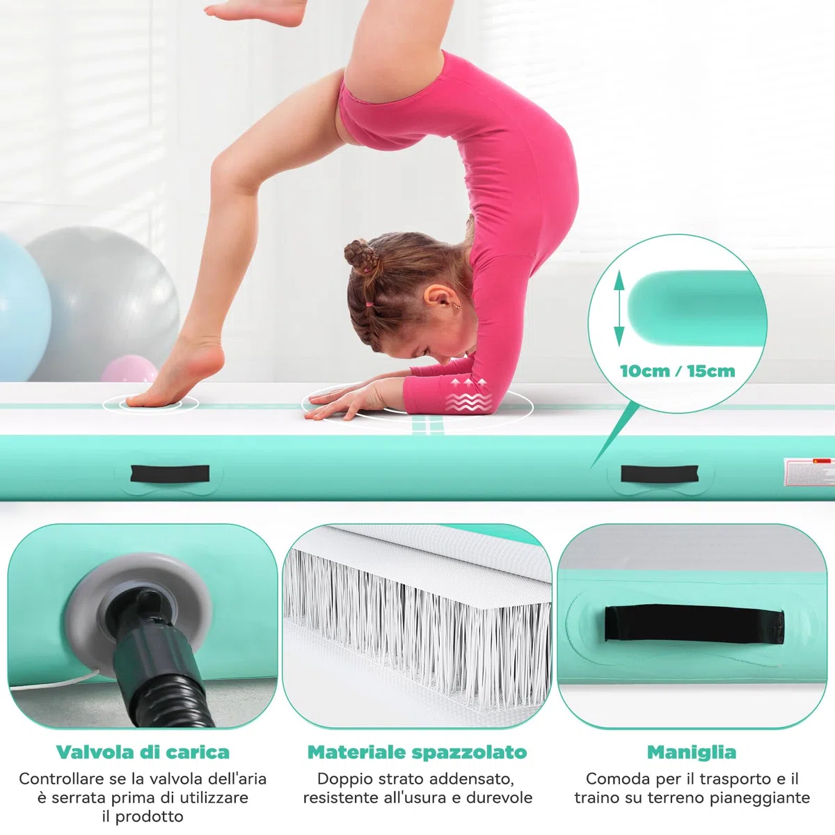 Tappeto Ginnastica Artistica 2/3/4/5/6m Spessore 10/15cm, con Electric Pump 600W,Tumbling Mat,Tappeto Ginnastica da Casa, Tappetino Palestra per Gym, Home,Esterno, Fitness, Yoga