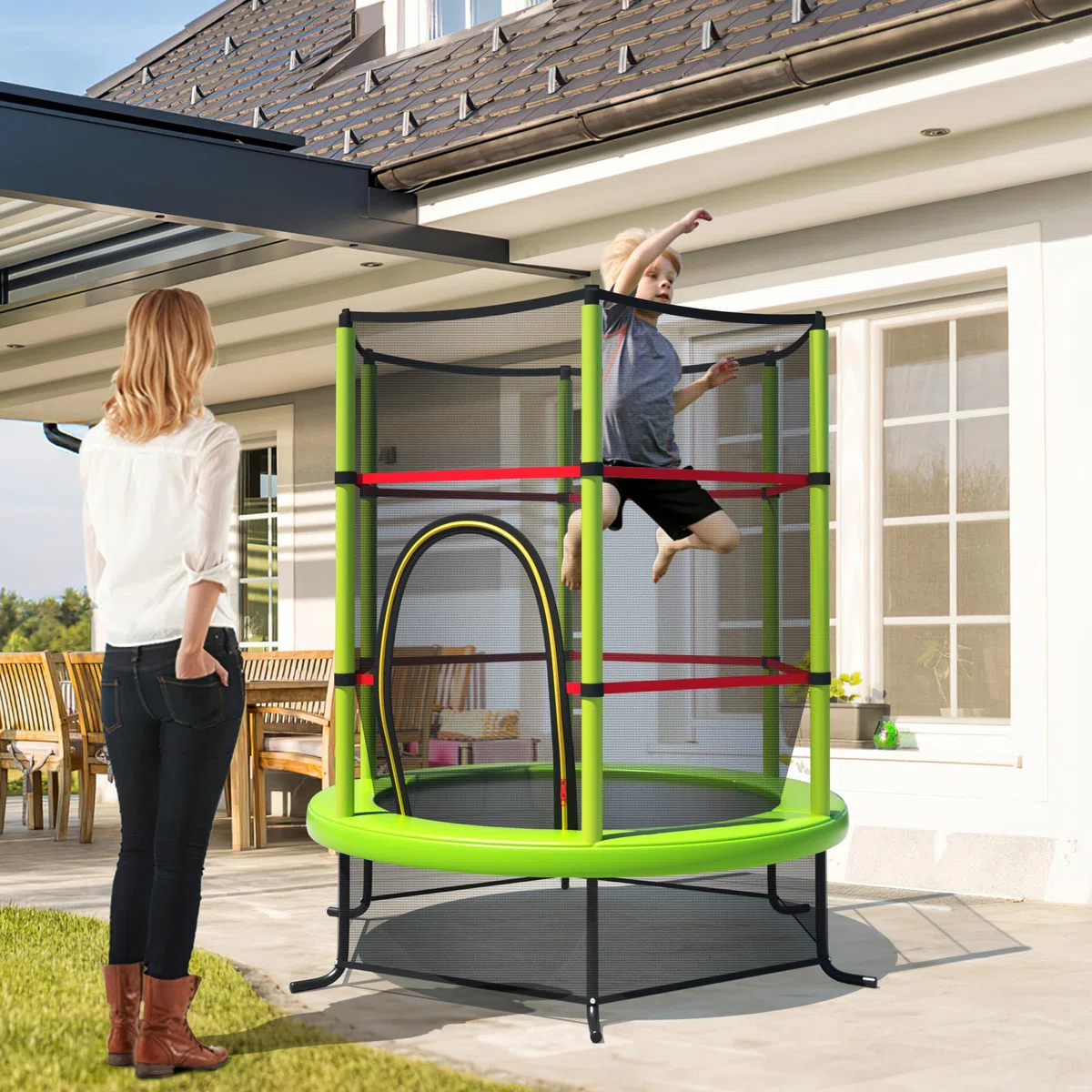 KOMFOTTEU Trampolino per Bambini 3-6 Anni, Tappeto Elastico Bambini con Rete di Sicurezza e Chiusura a Cerniera, Saltarello da Esterno in Acciaio Zincato, Portato 135 kg, 165x165x161 cm