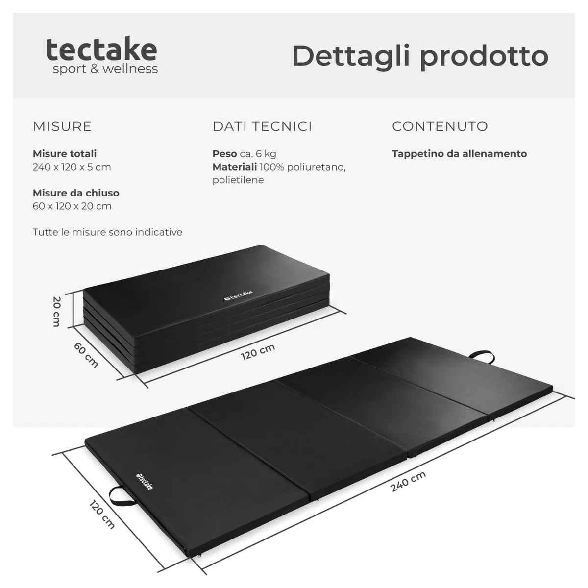 tectake® Tappetino da Ginnastica Pieghevole, Tappeto Fitness Portatile con Superficie Lavabile, Cinghia Trasporto, Tappetino Palestra, Sport, Casa, Yoga, Arti Marziali, 240x120x5 cm - Nero