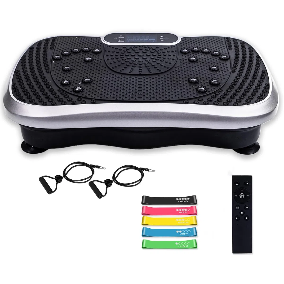 Pedana Vibrante per Allenamento a Casa, Workout e Massaggio, Pedana Fitness Oscillante con 5 Elastici Fitness, 99 Livelli di Intensità e Altoparlante Bluetooth 5.1, Vibration Plate Exercise Machine