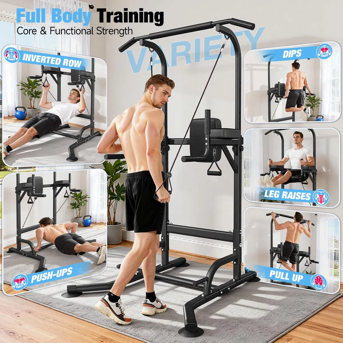 Dskeuzeew Power Tower Dip Station, stazione di forza fitness con barra per trazioni, torre di potenza multifunzionale per allenamento a casa in palestra, carico 150 kg, nero