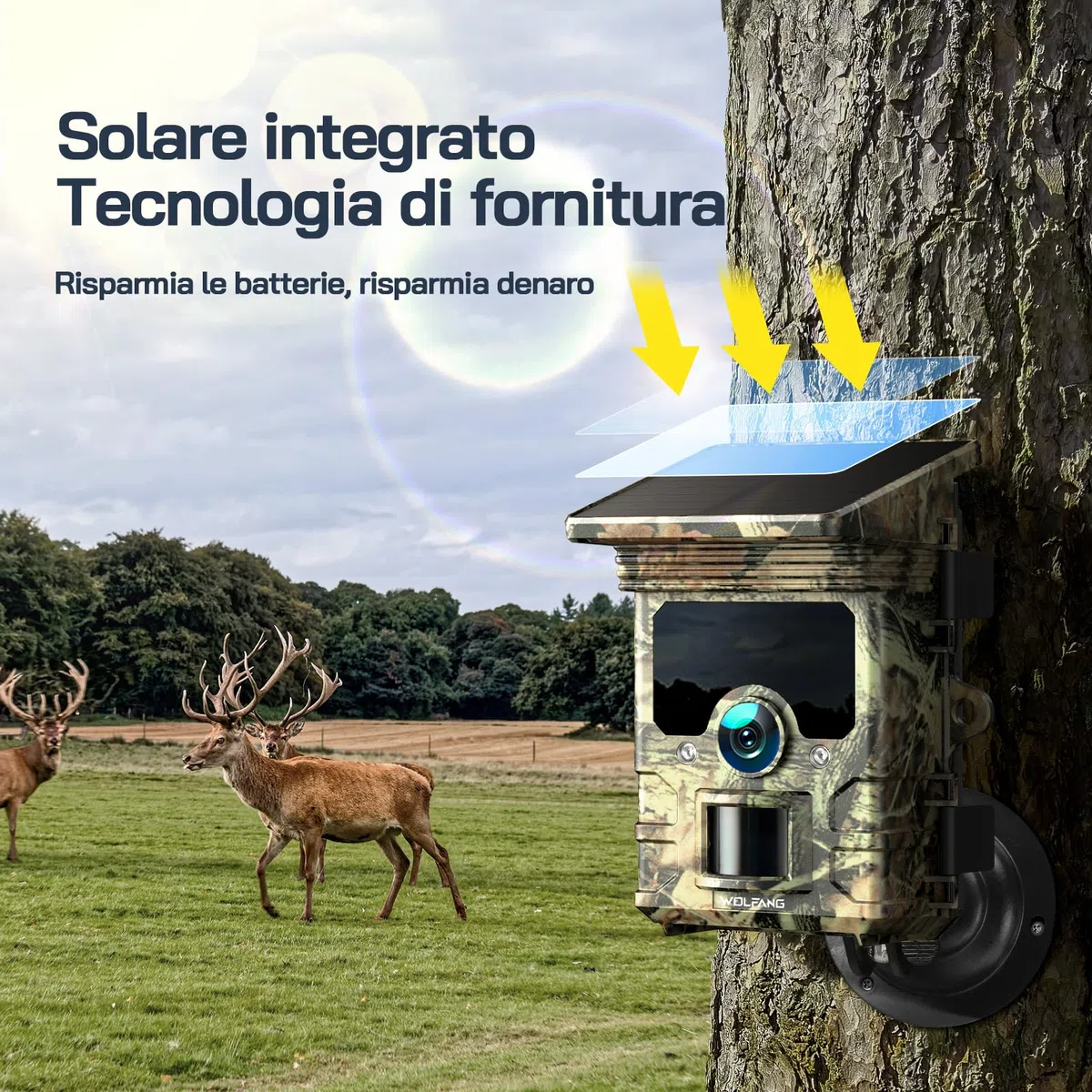 WOLFANG Fototrappola Solare 4K 30Fps, Wifi Bluetooth Fotocamera Caccia con Visione Notturna, Grandangolare 120 ° Fototrappole con Tempo di Scatto 0,1s, IP66 Impermeabile, Micro SD da 32 GB