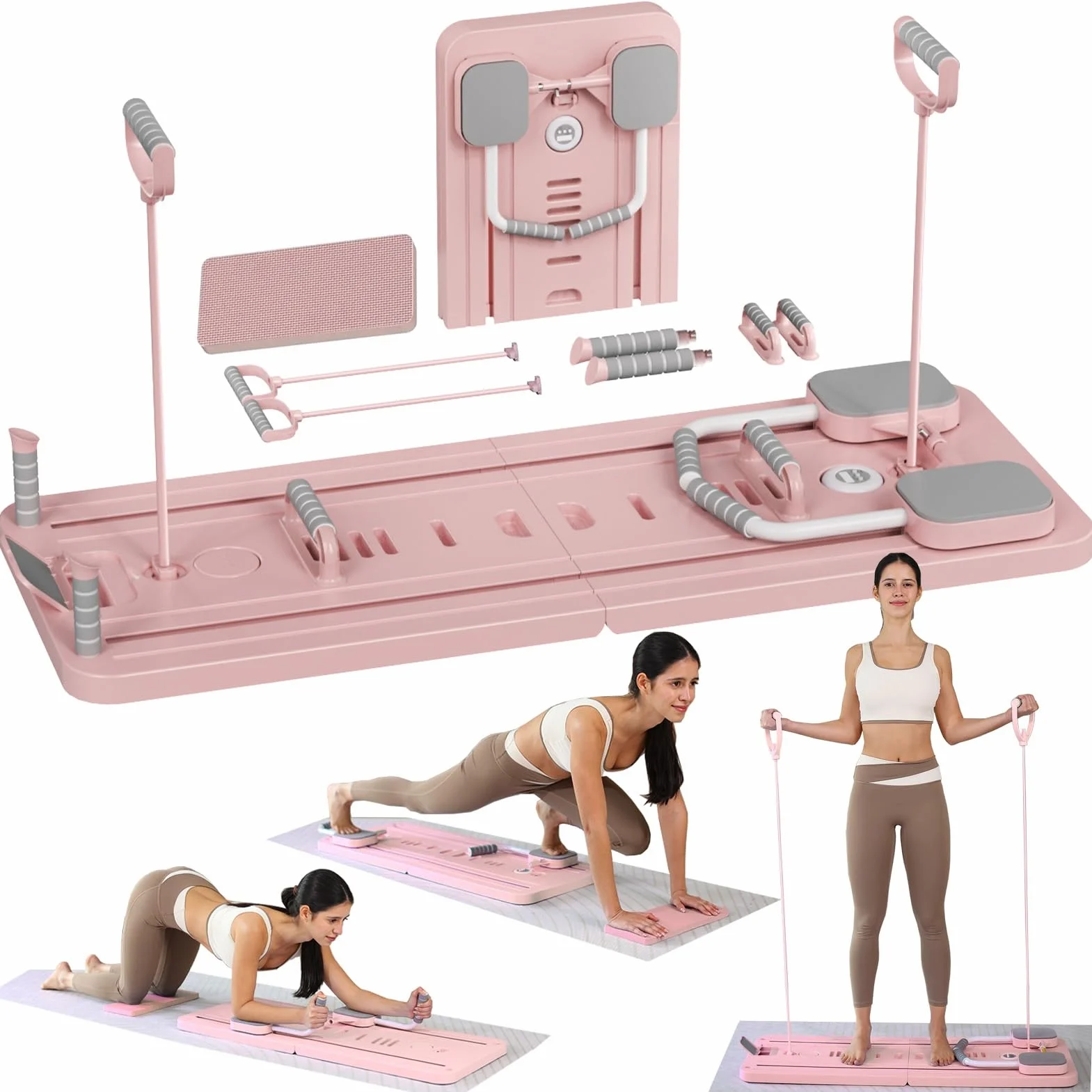 Pilates Board - 2026 Upgraded Pieghevole Macchina Reformer Pilates per Casa Multifunktional Tavola da Pilates Addominali Rullo Rimbalzo Automatico(Rosa)