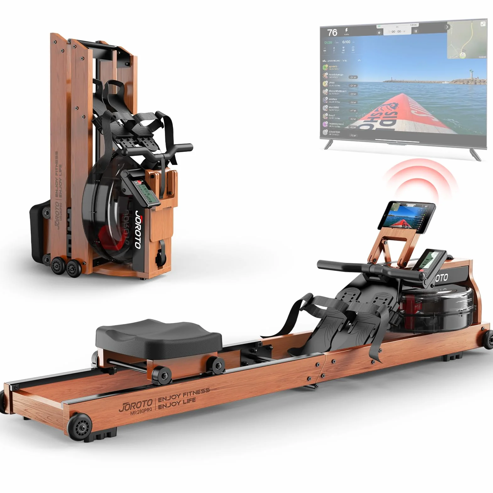 JOROTO Vogatore ad Acqua per casa, Vogatore Pieghevole in Legno di Quercia Capacità di Peso di 150kg con Monitor Bluetooth, Supporto per Tablet Regolabile