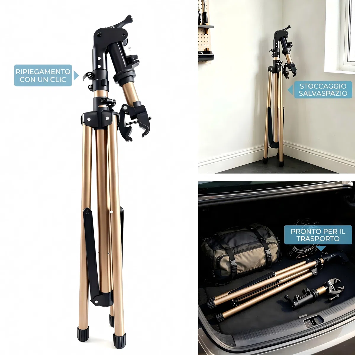 Cavalletto 3 Gambe Alluminio Riparazione e Montaggio Bici, Completamente Pieghevole, Doppio Blocco Sicurezza, Compatto, Ultraleggero, Ampio Vassoio Magnetico