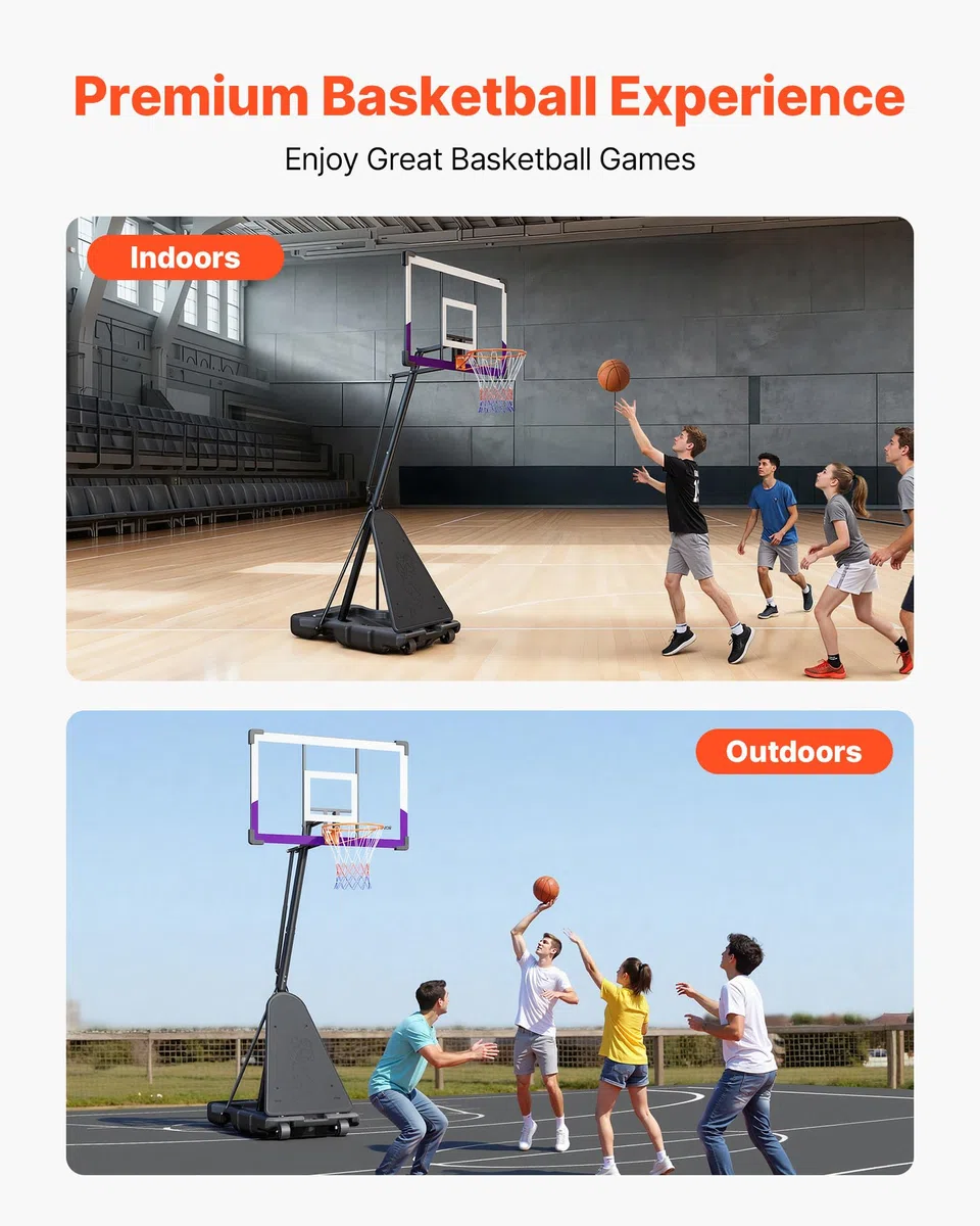 VEVOR Canestro da Basket Portatile, Altezza Massima 3,05 m, Regolabile Manualmente, Sistema da Basket con Tabellone in PC da 1219,2 mm, Set di Tabelloni per Sistema da Basket per Cortili, Scuole