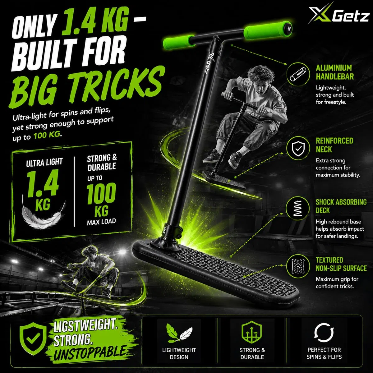 Monopattino Trampolino Acrobatico – Scooter Trick Senza Ruote per Bambini e Ragazzi 8+ – Altezza Regolabile – Ultralleggero – Allenamento Freestyle Indoor e Outdoor