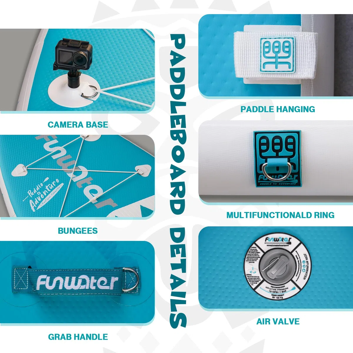FunWater Tavola SUP Gonfiabile Surf Paddle Board, Ultralight SUP per tutti i livelli con paddle, pinne, zaino, pompa, kit di riparazione, guinzaglio, borsa telefonica