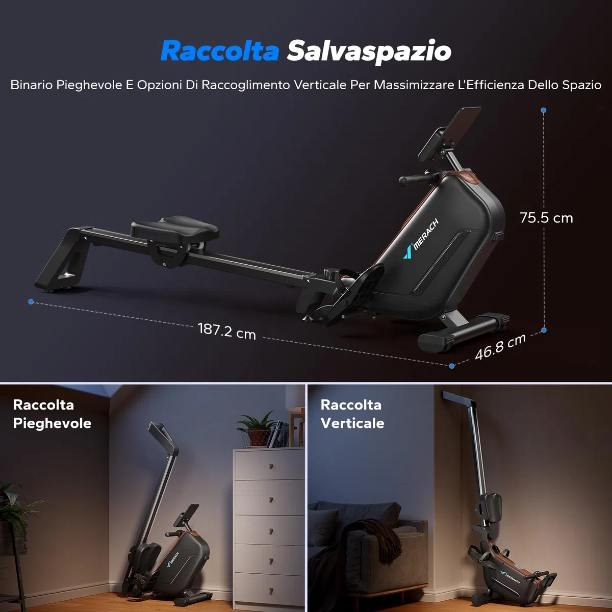 MERACH Vogatore per Casa, Vogatori Magnetici Silenziosi, Binari Migliorati ed Espansi da 130 cm per Movimenti più Liberi, Dotato di APP Esclusiva