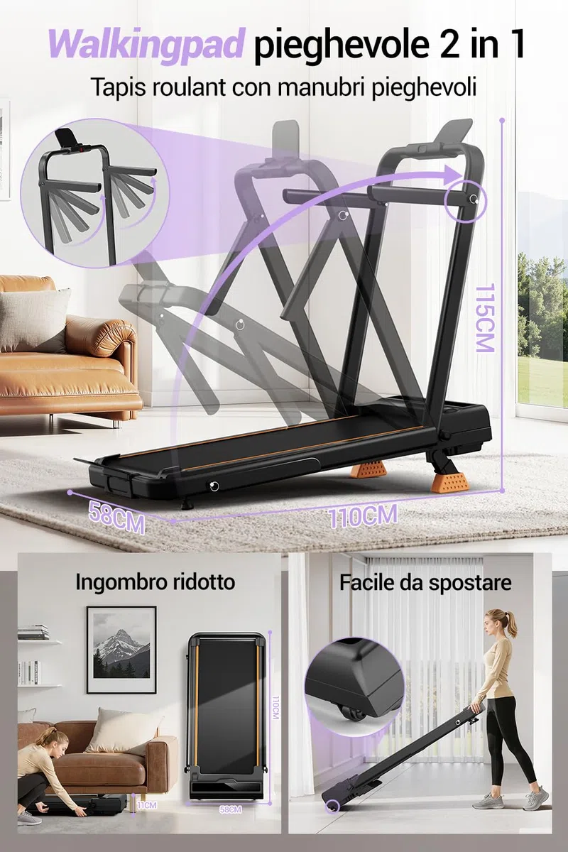 CURSOR Tapis Roulant con Inclinazione 16%, Tapis Roulant Salvaspazio Elettrico 1-10KM/H, Walking Pad con Motore Silenzioso da 3.0 HP e Tripla Ammortizzazione