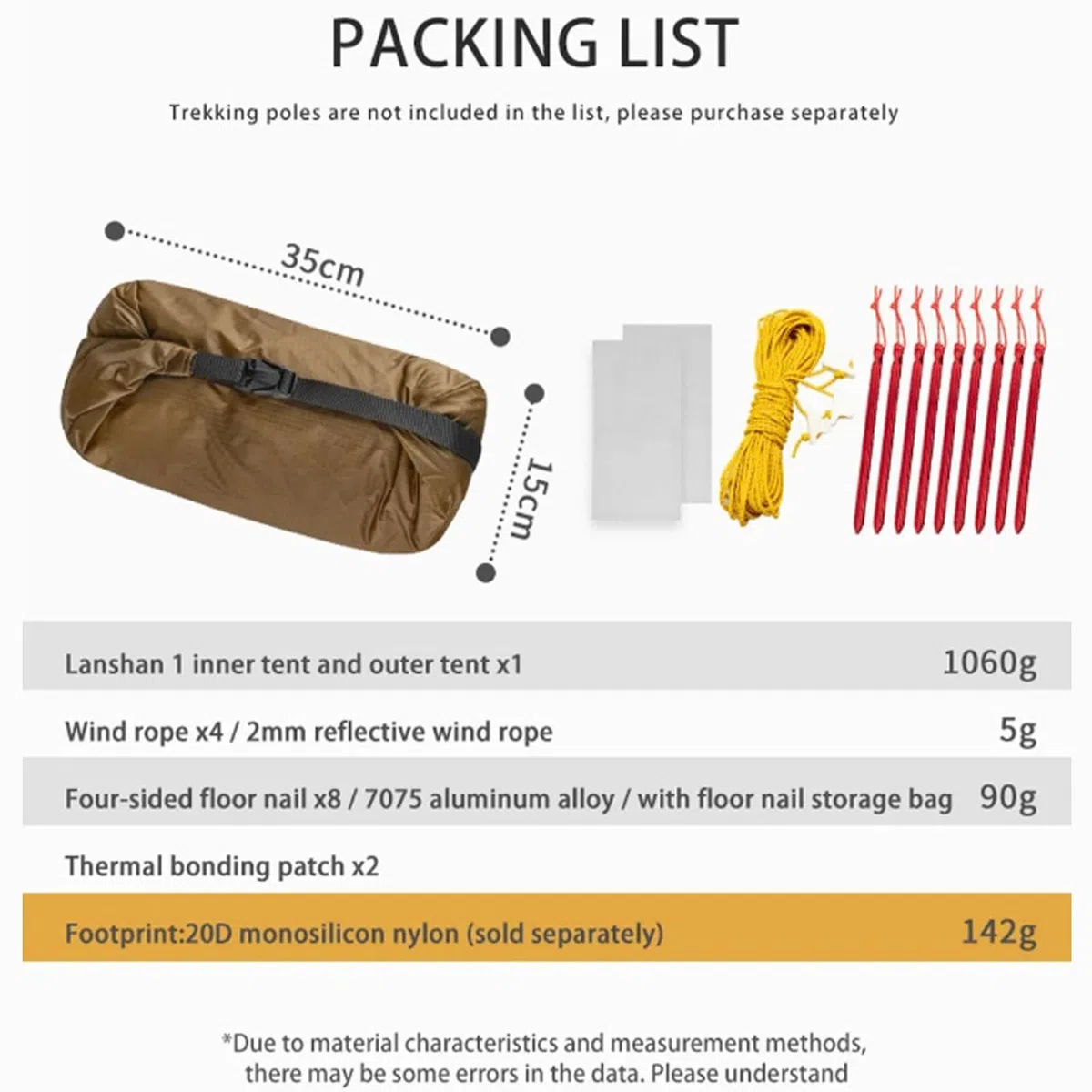 3FULGEAR Lanshan - Tenda da campeggio ultraleggera per 2 persone, 3/4 stagioni, professionale, in silnylon 15D, senza asta, per campeggio, arrampicata, escursionismo
