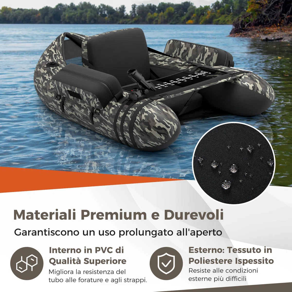 COSTWAY Belly Boat da Pesca Portatile, Gommone Gonfiabile da Pesca con Porta Canne Regolabile, Pompa, Pagaia in Alluminio, Spallacci e Kit di Riparazione, Barca da Mare con 2 Pinne, capacità 160kg