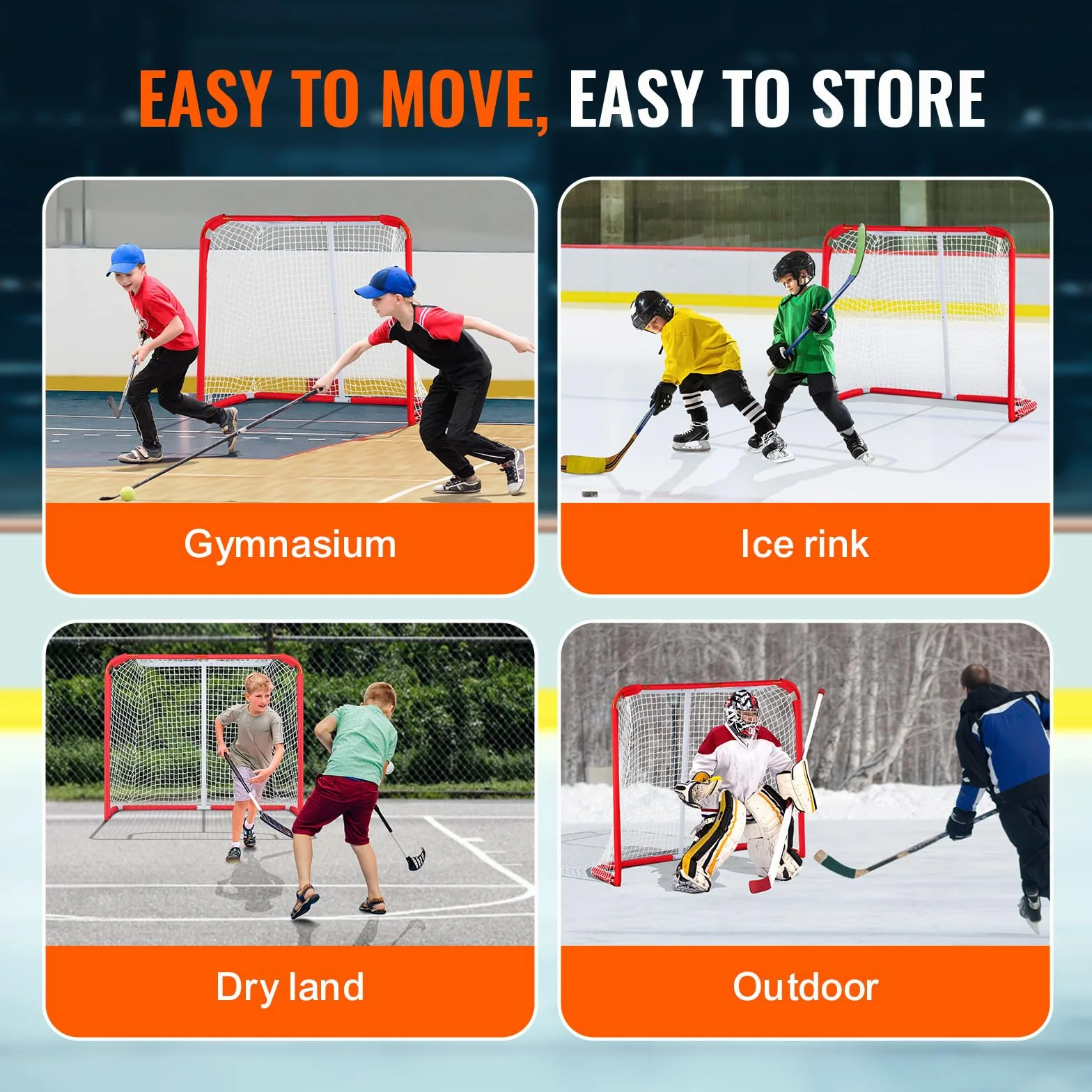 VEVOR Rete di Hockey per Strada, Porta da Hockey in Acciaio Interni Esterni, per Ragazzi Street, Roller per Bambini Allenamento, Set di Porte da per Hockey Junior, 137x112 cm, Bianco e Rosso