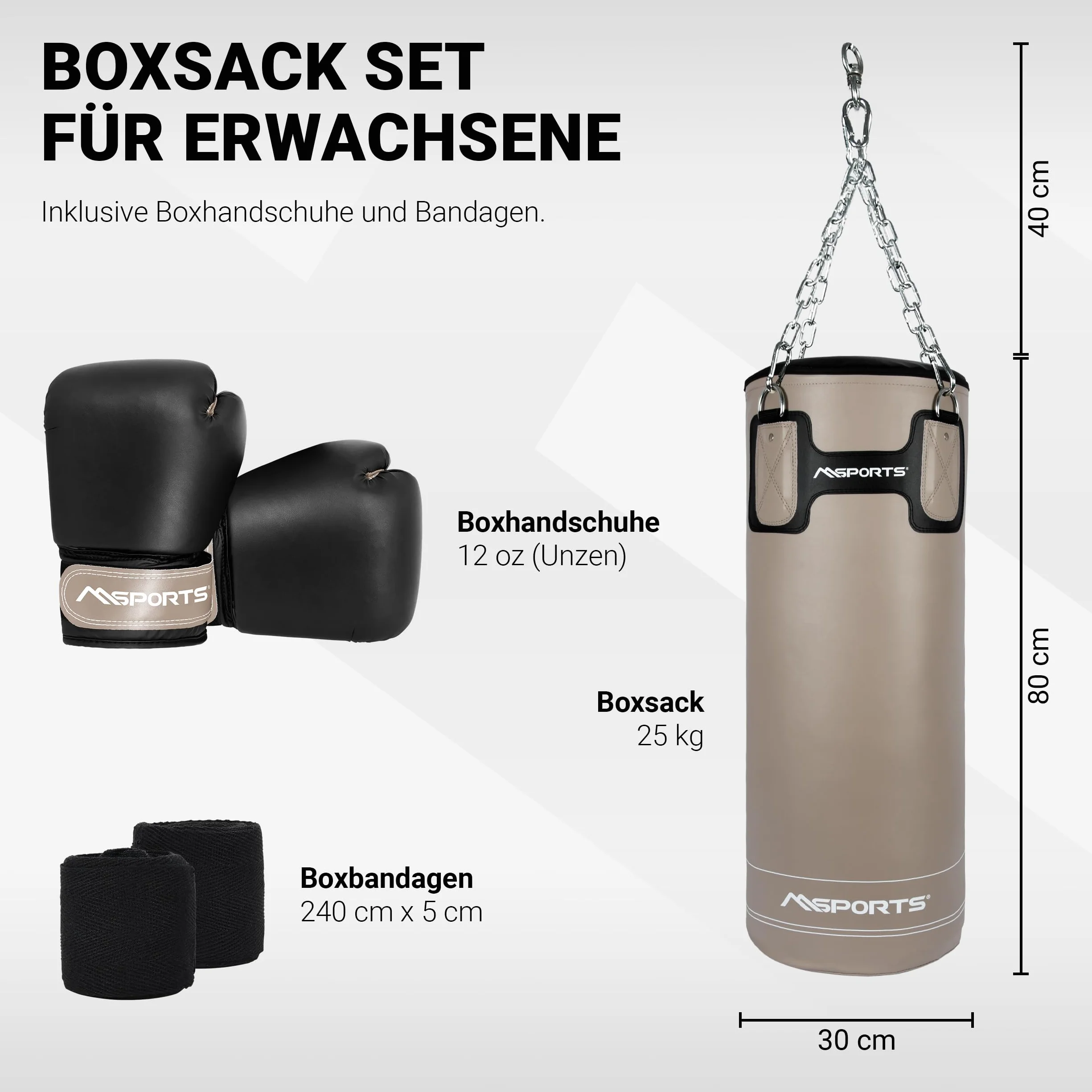 MSPORTS Punch Bag Set Premium 80 × 30 cm – Sacco da boxe 25 kg + guantoni da boxe e bende – allenamento boxe, kickboxing & fitness a casa o in studio