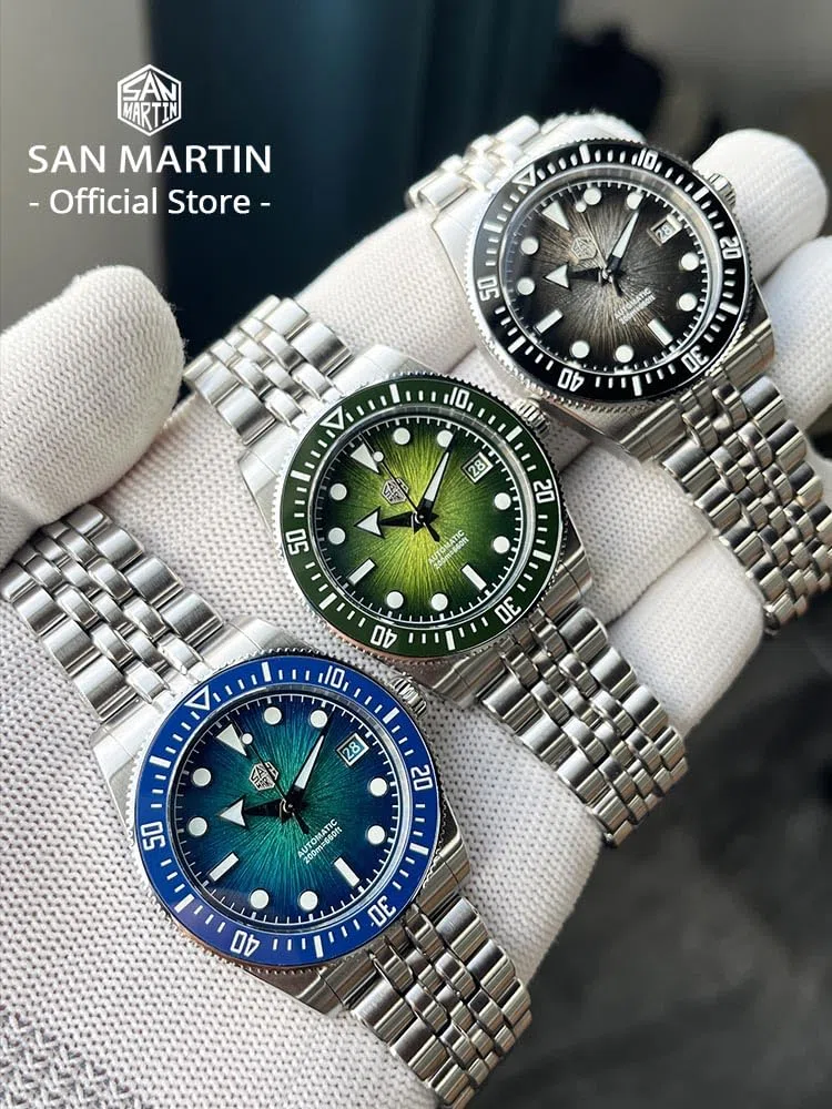 Orologio da immersione automatico San Martin, quadrante verde, acciaio inossidabile 316L, cassa 37,5 mm, movimento 9015 resistente all'acqua 200 m, modello SN0148-GX