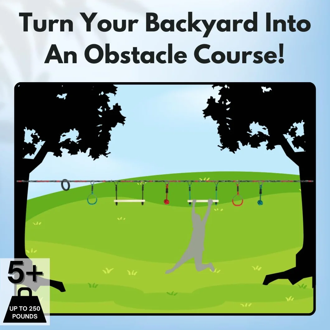 Slackers Ninja Line Starter Set - Percorso ad Ostacoli all'aperto e Slackline per Bambini dai 5 Anni in su - Set Completo con Slackline da 11 m, 7 Ostacoli, cricchetto e Borsa per Il Trasporto