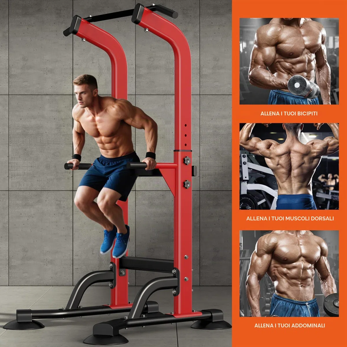 SogesPower Power Tower Dip Station Barra per trazioni per palestra a casa regolabile in altezza attrezzatura per allenamento di forza, rosso