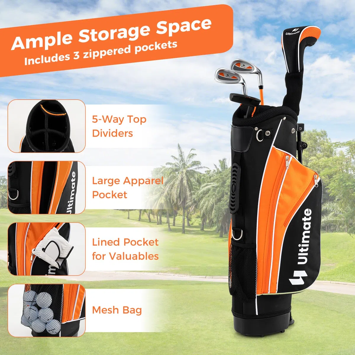LIFEZEAL Pbastoni da golf per bambini destrimani con #3 Fairway, ferro #7 e #9, Putter, Cappotta, Attrezzatura da golf per bambini e ragazze da 8 a 10 anni