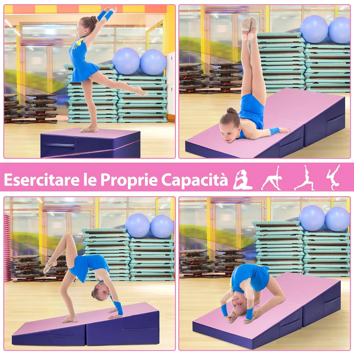 COSTWAY Materassino Ginnastica Inclinato, Tappetino Inclinato a Forma di Cuneo con Maniglia, Tappetino Ginnastica Pieghevole per Allenamenti a Casa Aerobica Fitness Palestra