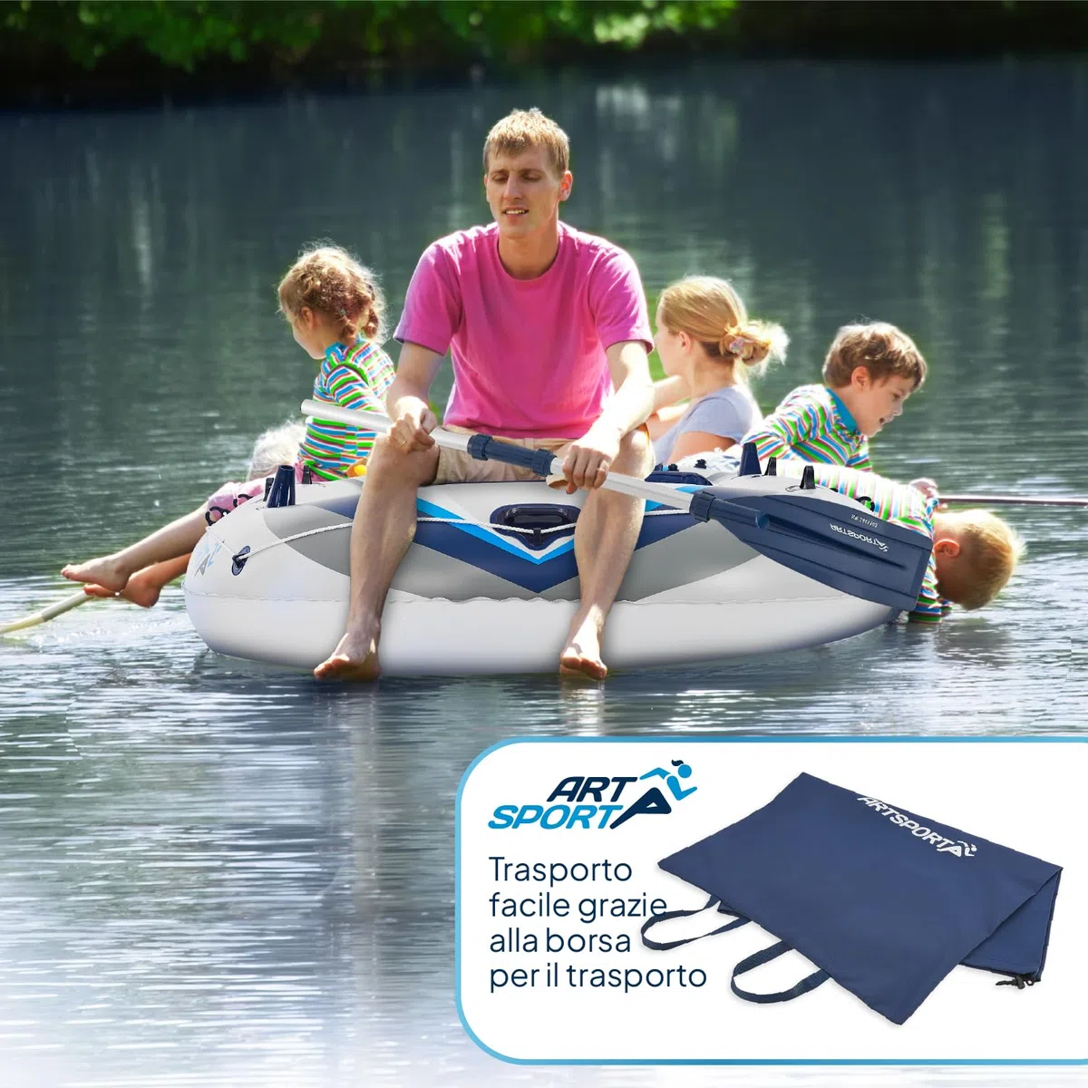 ArtSport Gommone 322 cm per 4 Persone - Canotto Gonfiabile con 2 panche - Barca a Remi in PVC con Pompa ad Aria, Remi, Borsa e Kit di Riparazione