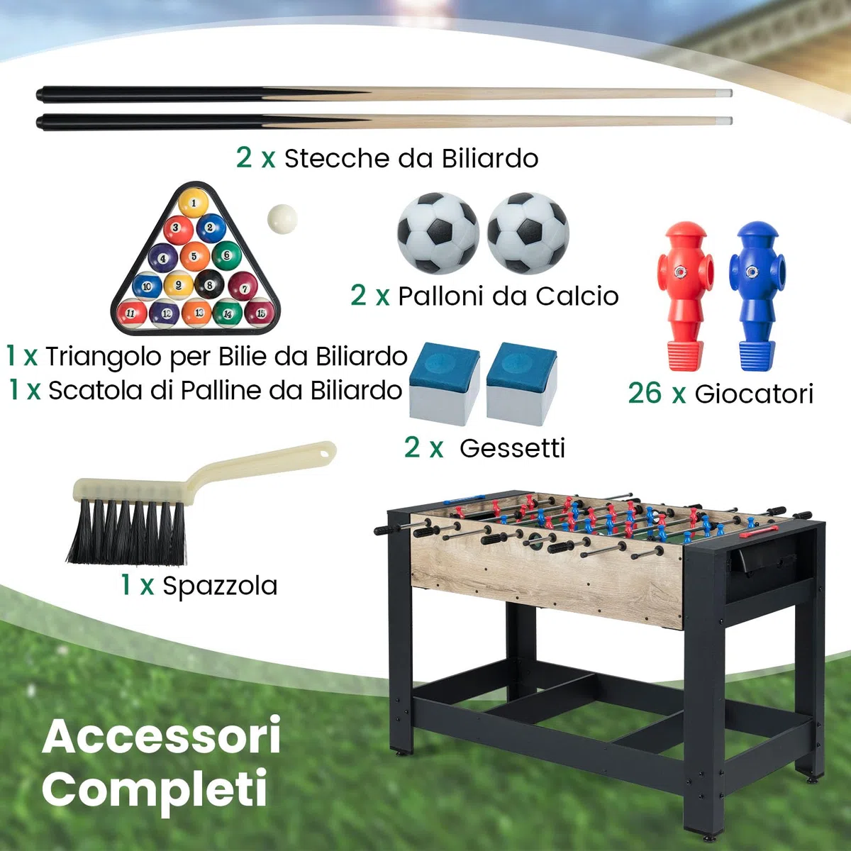 RELAX4LIF Tavolo Multigioco 2 in 1, Tavolo Combo con Biliardino e Biliardo, 2 Palline e Bastoni da Stecca, Triangolo, Spazzola, 2 Gessetti, Salvaspazio per Serate in Famiglia, Sala Giochi, Feste