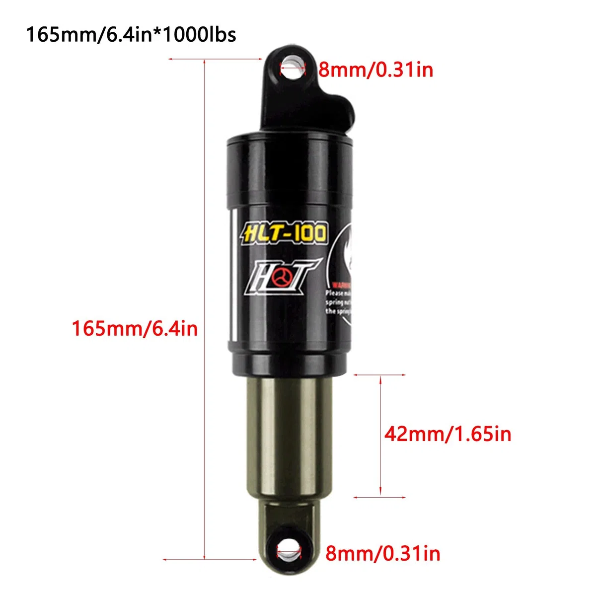 Ammortizzatore per molle dell'olio per bicicletta, 750/850/1000 LBS, ammortizzatore posteriore per bicicletta, 125 mm/150 mm/165 mm/185 mm (165 mm, 1000 lBS)