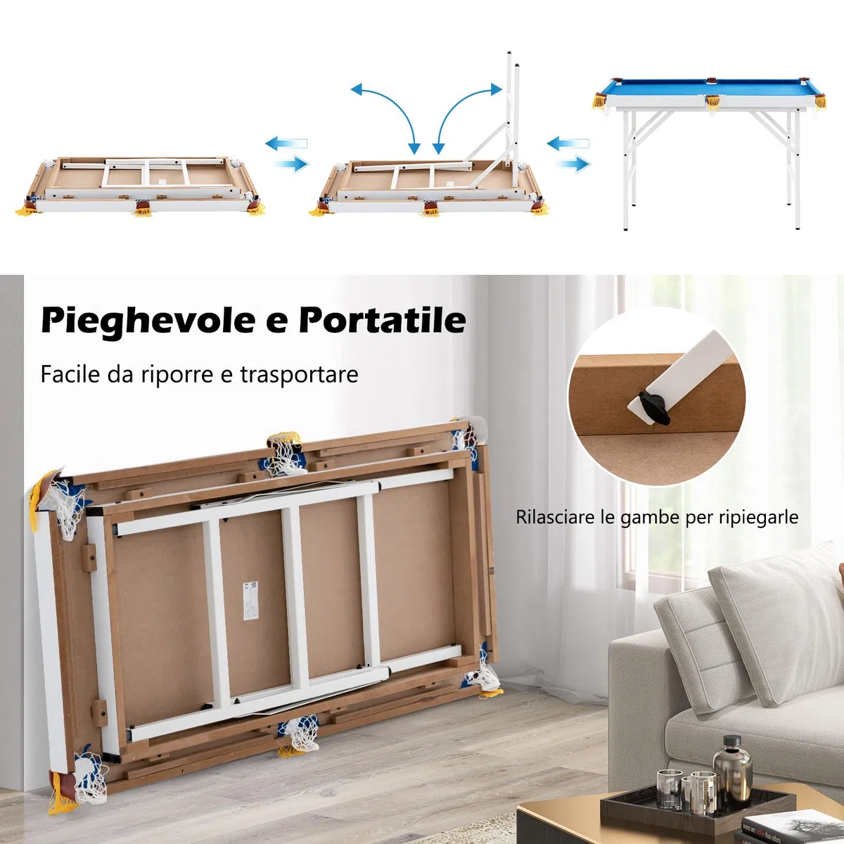 RELAX4LIFE Tavolo da Biliardo Pieghevole da 122cm con Accessori, Portatile per Bambini e Adulti con Stecche, Gessi, Palline, Triangolo e Spazzola, Salvaspazio