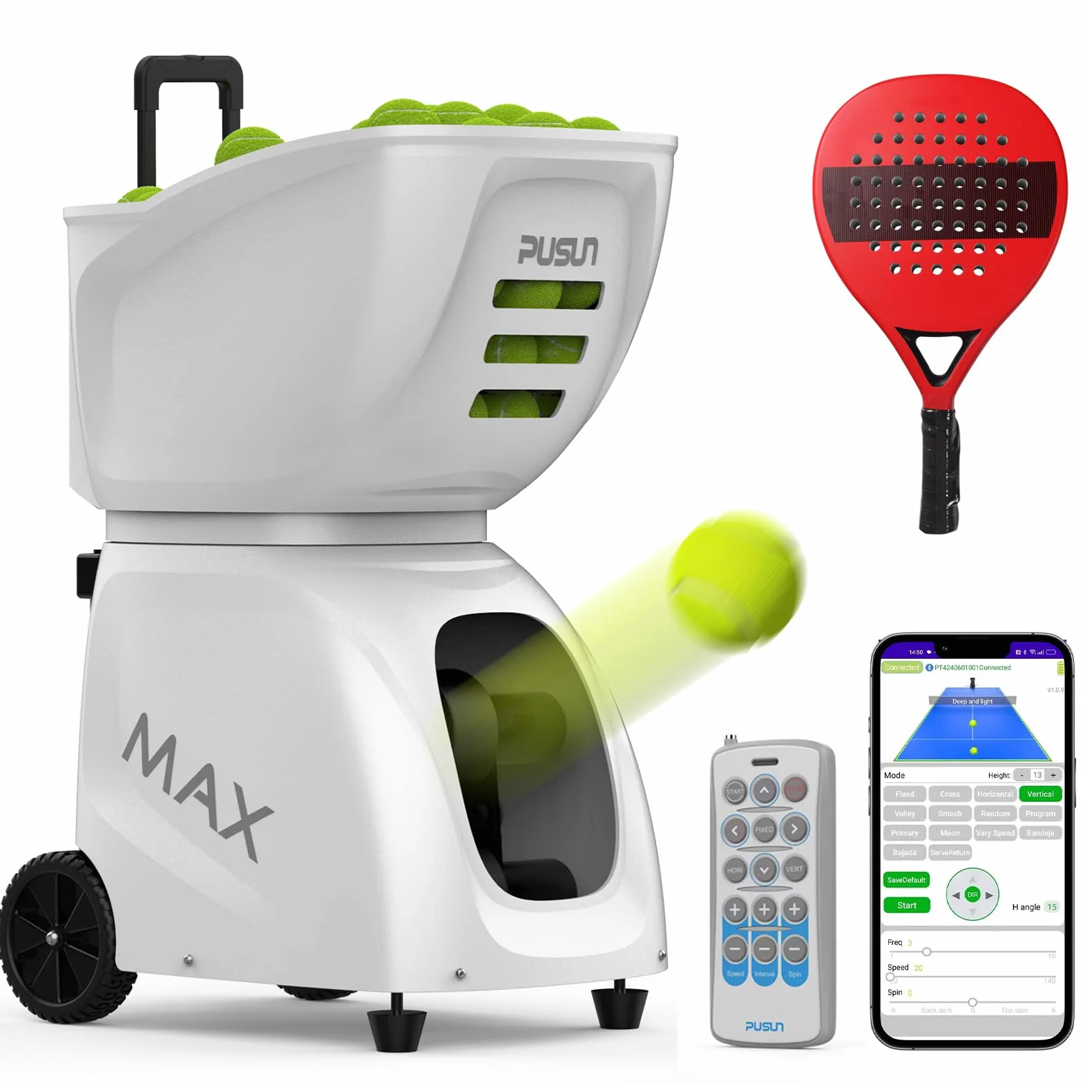 PT MAX C - Macchina per palline da padel per allenamento da solo, alimentatore automatico per palline con telecomando, macchina portatile per allenamento con la palla per auto-pratica, velocità