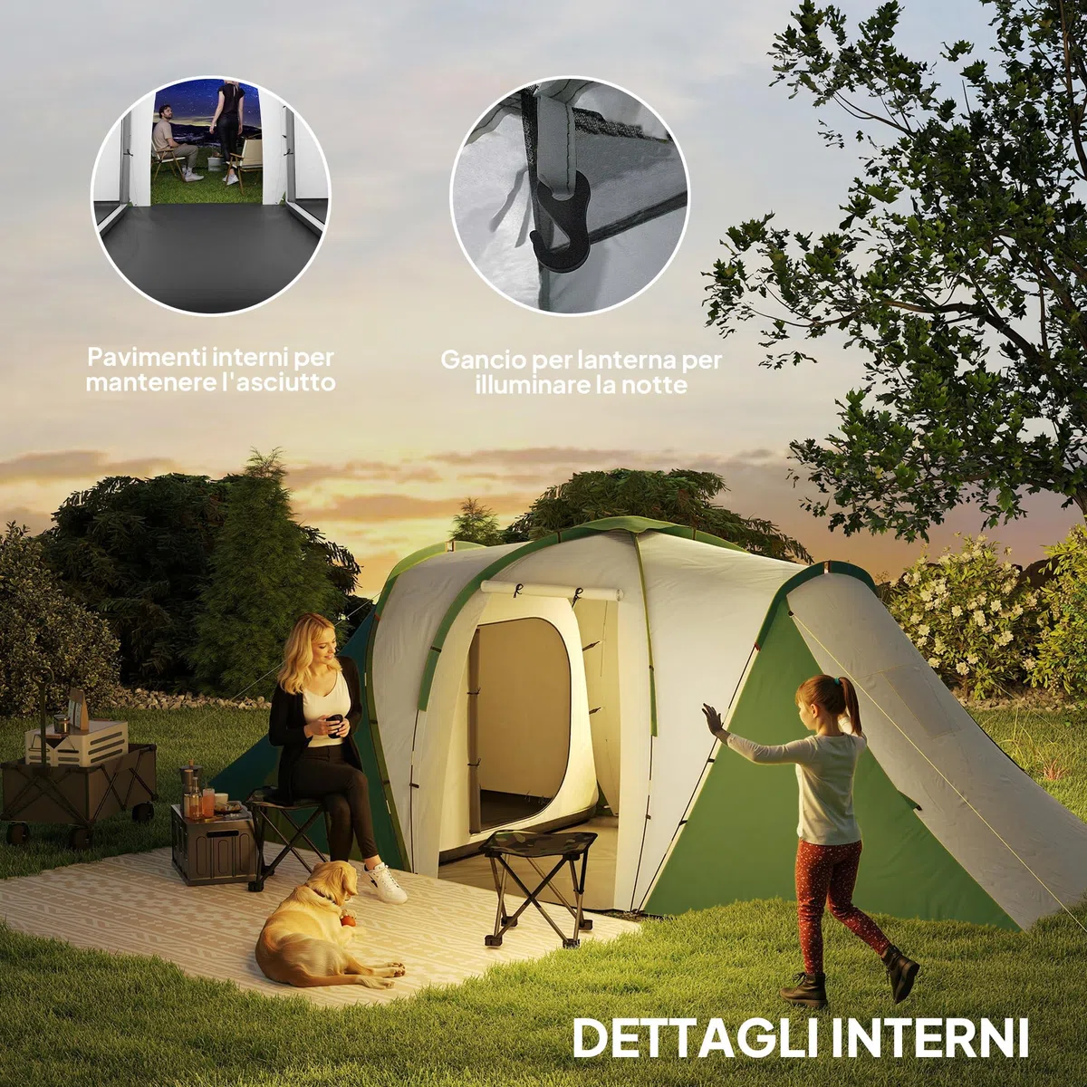 Outsunny Tenda da Campeggio 4-6 Persone con 2 Camere e Zona Soggiorno, Tenda da Esterno a 2 Porte, Resistente all'acqua e ai Raggi UV, con Borsa da Trasporto, 555x225x190 cm, Grigio e Verde