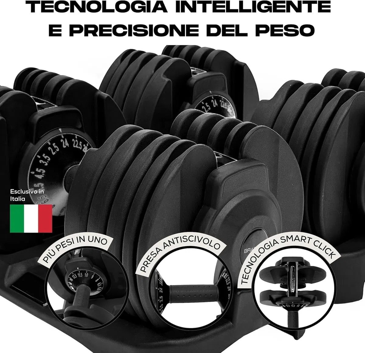 BRAINGAIN manubri regolabili, Coppia di 15 in 1 (24 kg) impostazioni di peso, tecnologia Smart-Click per cambi di peso rapidi con sistema di bloccaggio sicuro, impugnatura antiscivolo