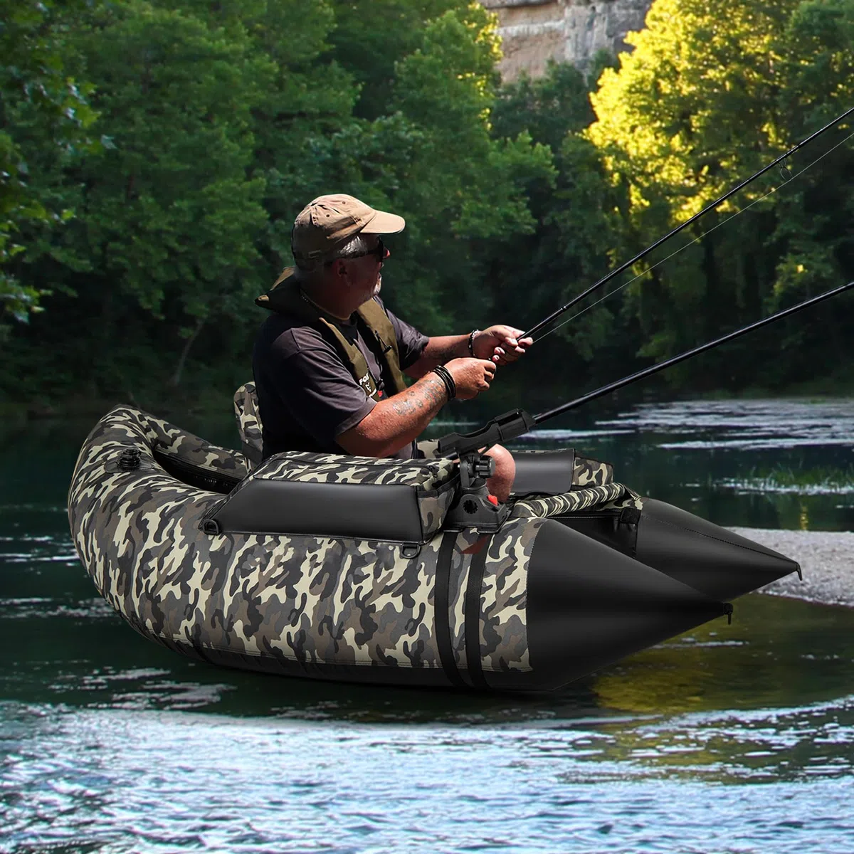 HOMASIS Barca da Pesca Gonfiabile a Forma di V, Barca Galleggiante Gonfiabile con Supporto per Canne con Stoccaggio di Attrezzature, Barche da Pesca a Mosca con Pinne, Remi e Pompa, 150 x 110 x 48 cm,