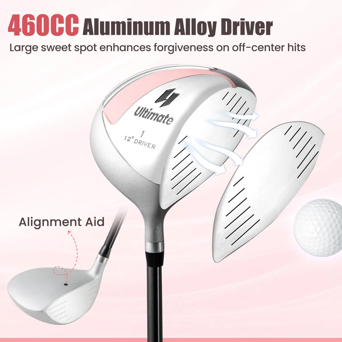 GYMAX Set di Mazze da Golf per Donna con Sacca Portatile, Kit Completo di 10 Pezzi per Donna con Driver 460 cc in Lega, Legno 3 di Fairway, Ibrido 4, Ferro 6 7 8 9 e Putter, Rosa