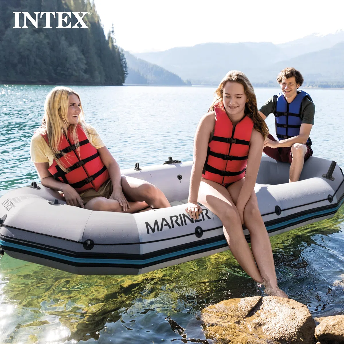 INTEX Serie di barche gonfiabili Mariner: include remi da barca deluxe e pompa ad alto rendimento - PVC super resistente - chiglia resistente all'usura - porta canna da pesca rimovibile - maniglia
