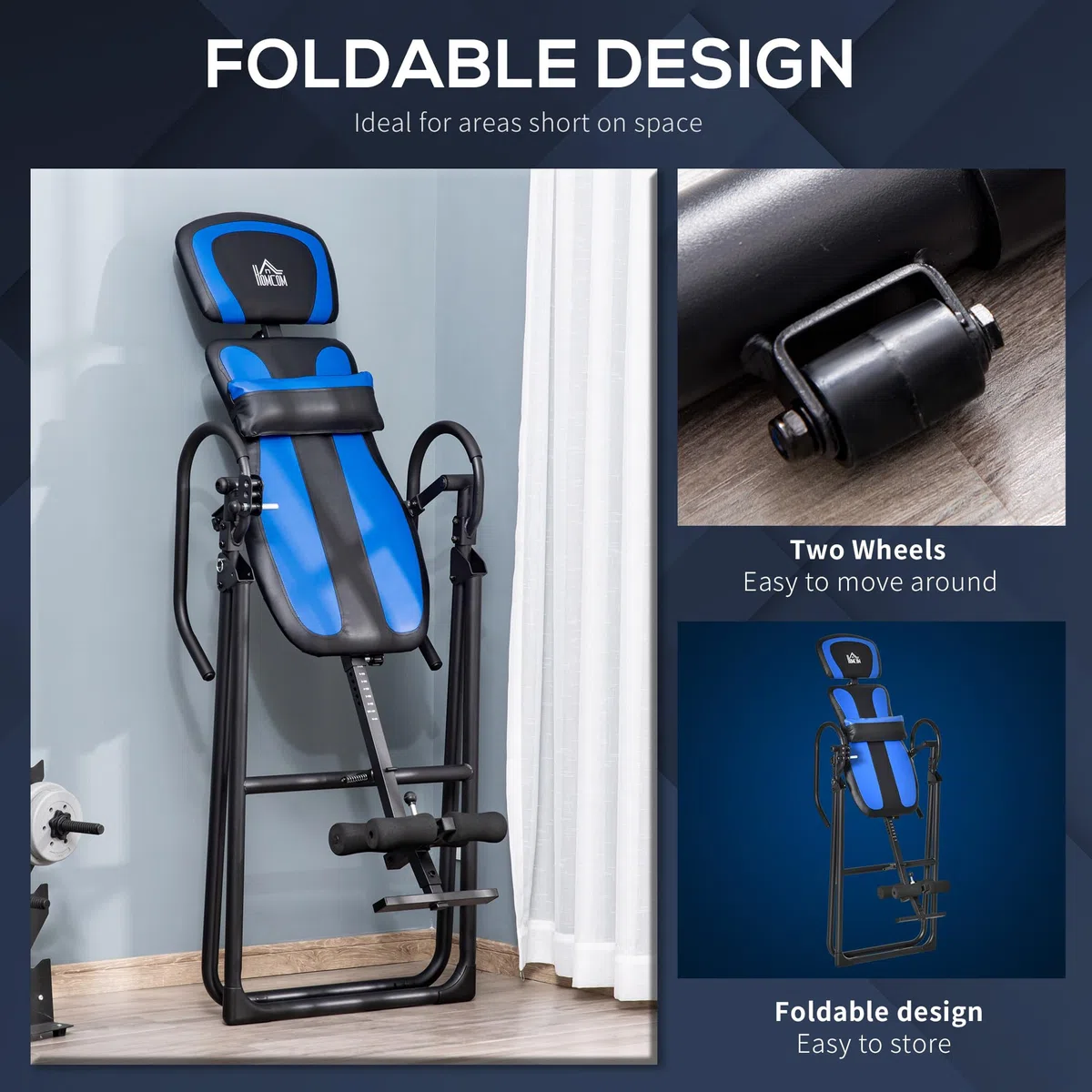 HOMCOM Tavolo ad inversione pieghevole, panca per stretching con trainer a gravità per la terapia della schiena con cuscini per le caviglie fino a 110 kg - acciaio, nero e blu