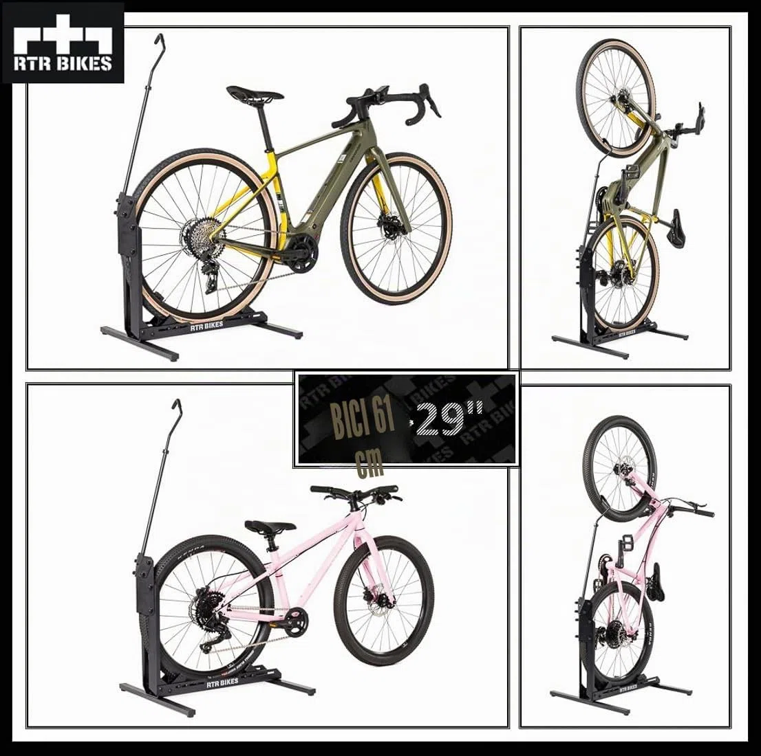 RTR BIKES Brutus Up Cavalletto Bici Verticale e Orizzontale – Supporto Pavimento Salvaspazio per E-Bike e MTB fino a 30kg – Ruote 24-29" e Gomme 3,5" – Made in EU
